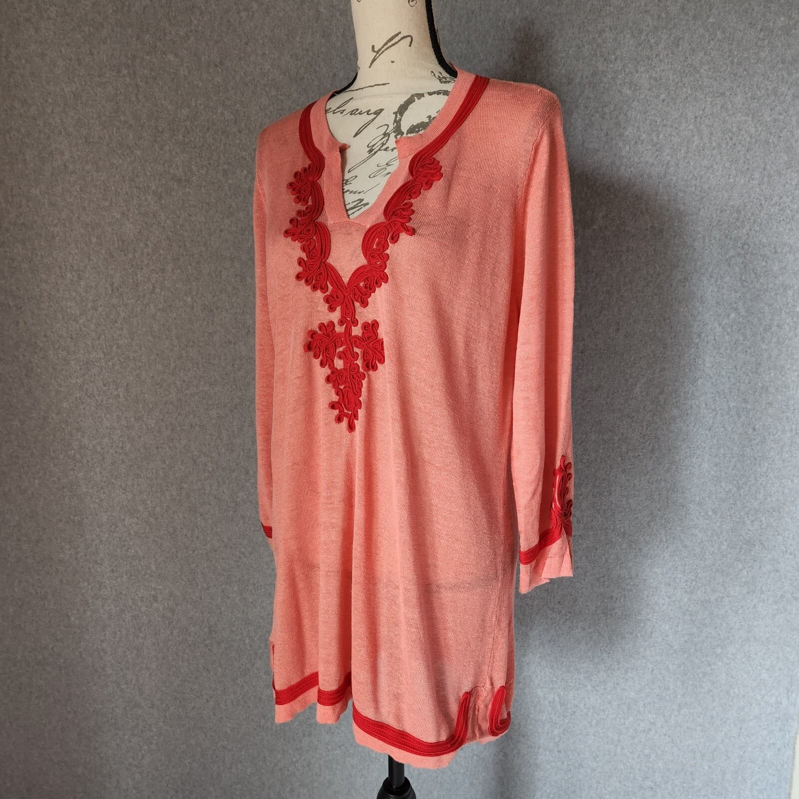 Soft Surroundings Linen Blend Ribbon Embellishing Tunic Top Long Sleeve Coral PL - Thumbnail 3