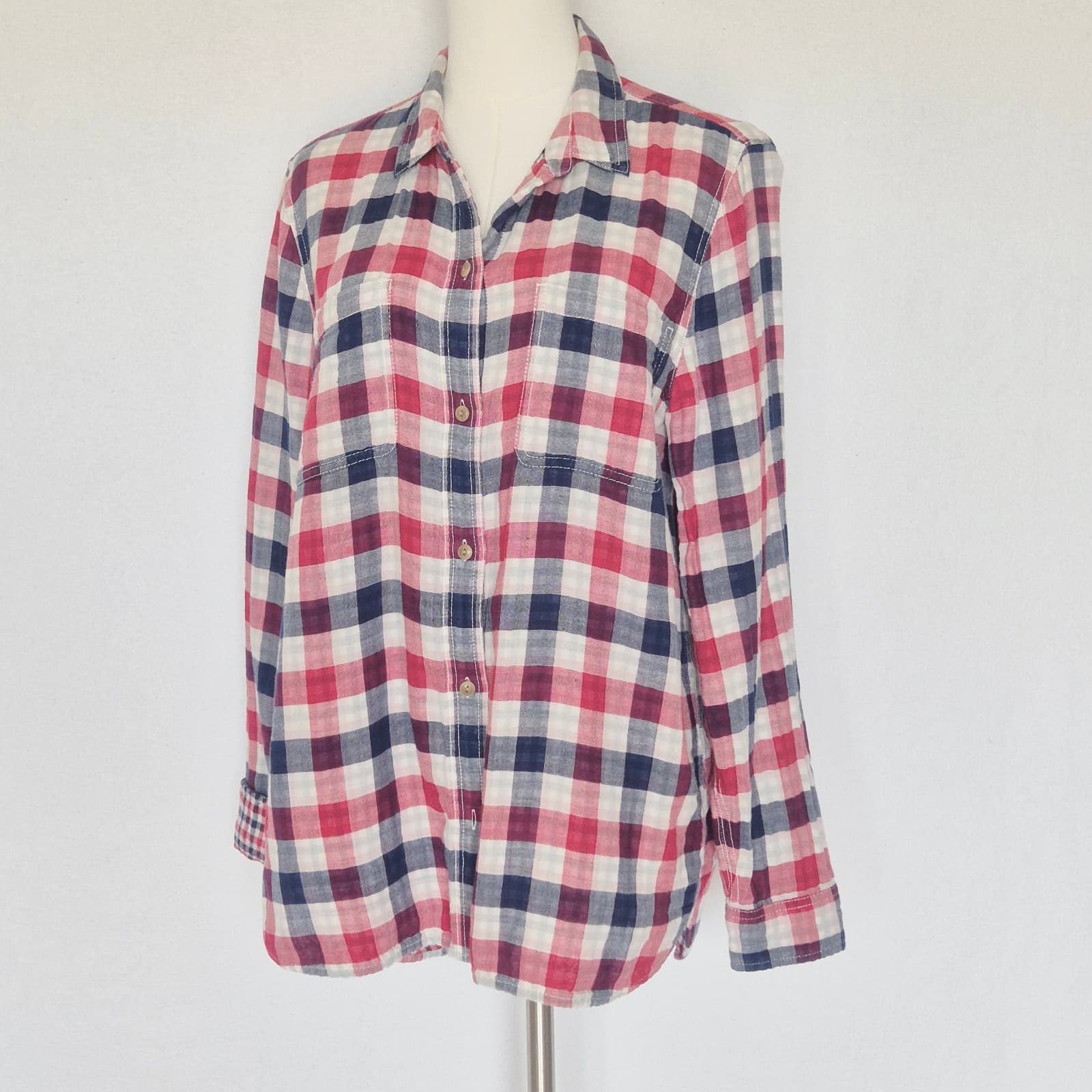 Madewell Ex-Boyfriend Emmett Double Gauze Flannel Shirt Plaid Red Blue Womens L - Thumbnail 3
