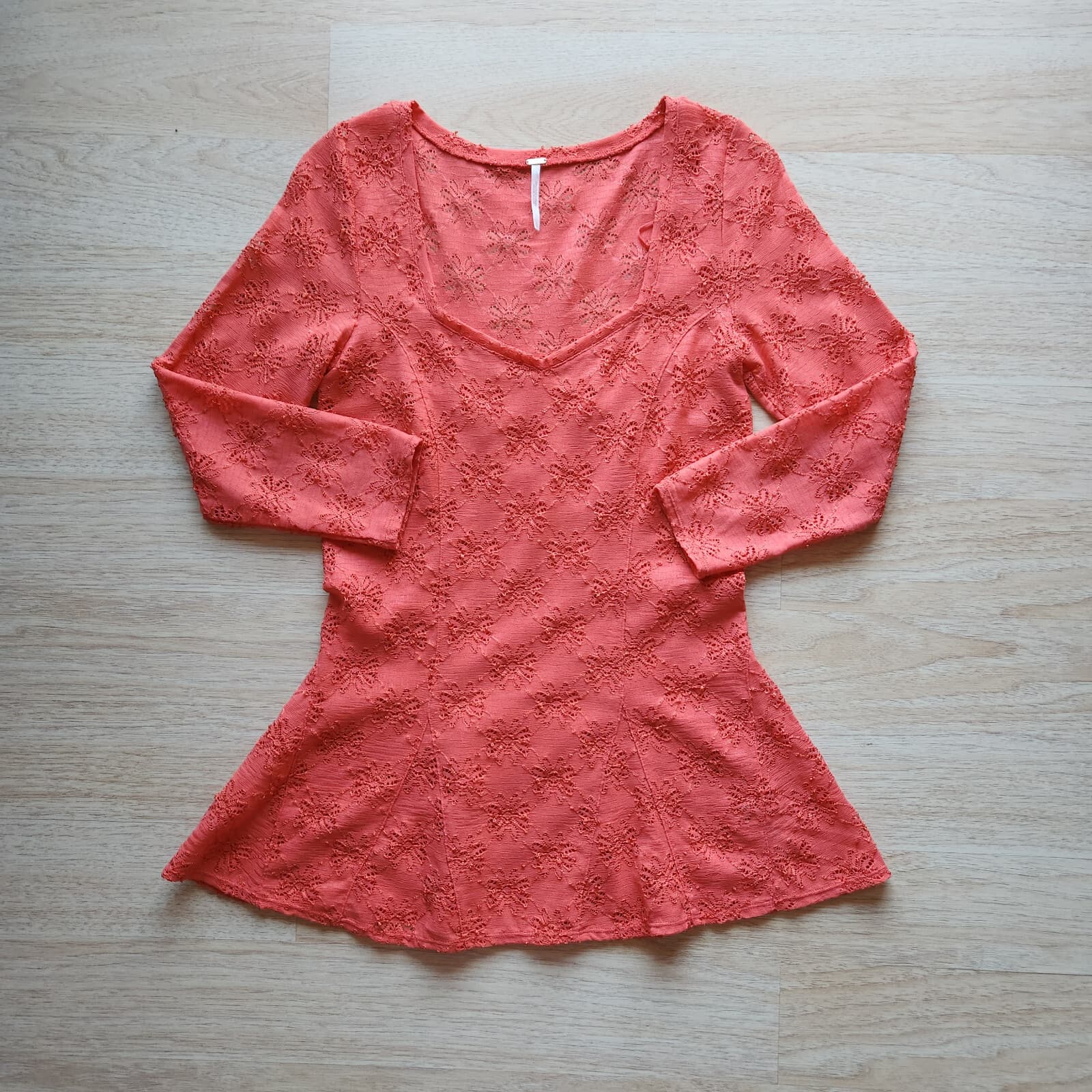 NWoT Free People Daisy Lace Godet Knit Top Peplum 3/4 Sleeve Scoopneck Orange L - Thumbnail 6