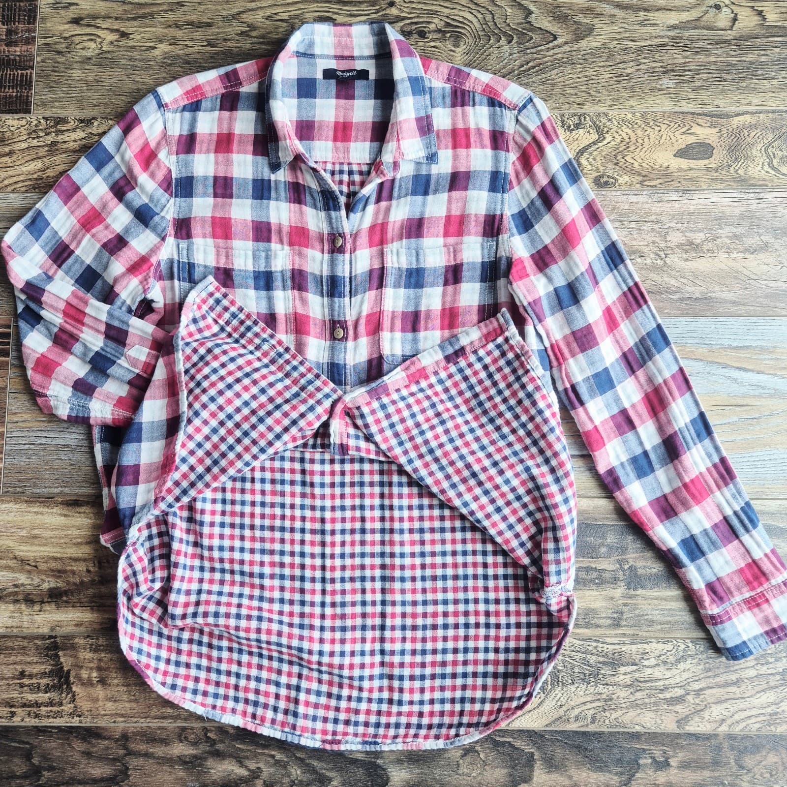 Madewell Ex-Boyfriend Emmett Double Gauze Flannel Shirt Plaid Red Blue Womens L - Thumbnail 7
