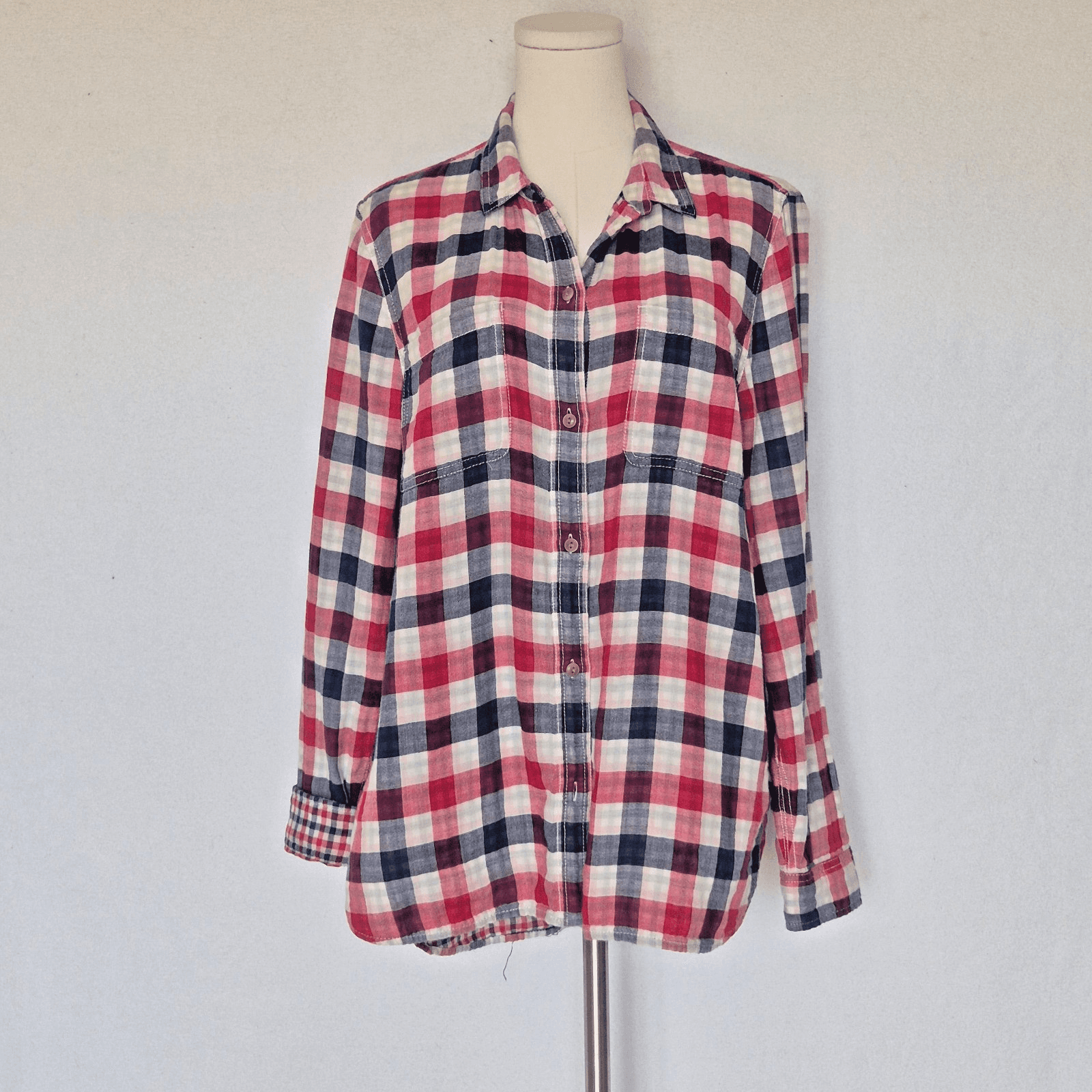 Madewell Ex-Boyfriend Emmett Double Gauze Flannel Shirt Plaid Red Blue Womens L - Thumbnail 4