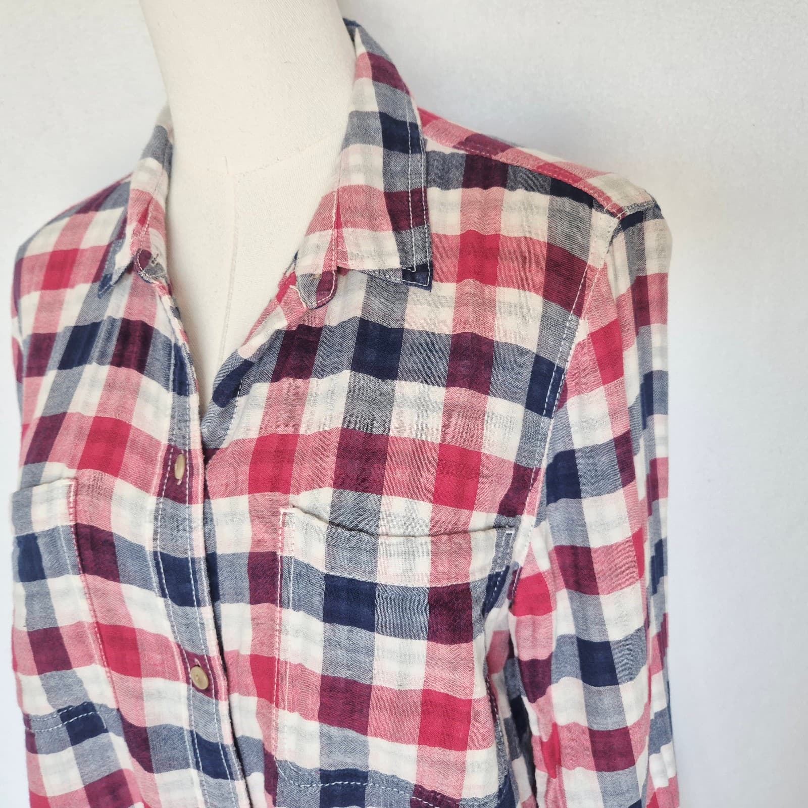Madewell Ex-Boyfriend Emmett Double Gauze Flannel Shirt Plaid Red Blue Womens L - Thumbnail 5