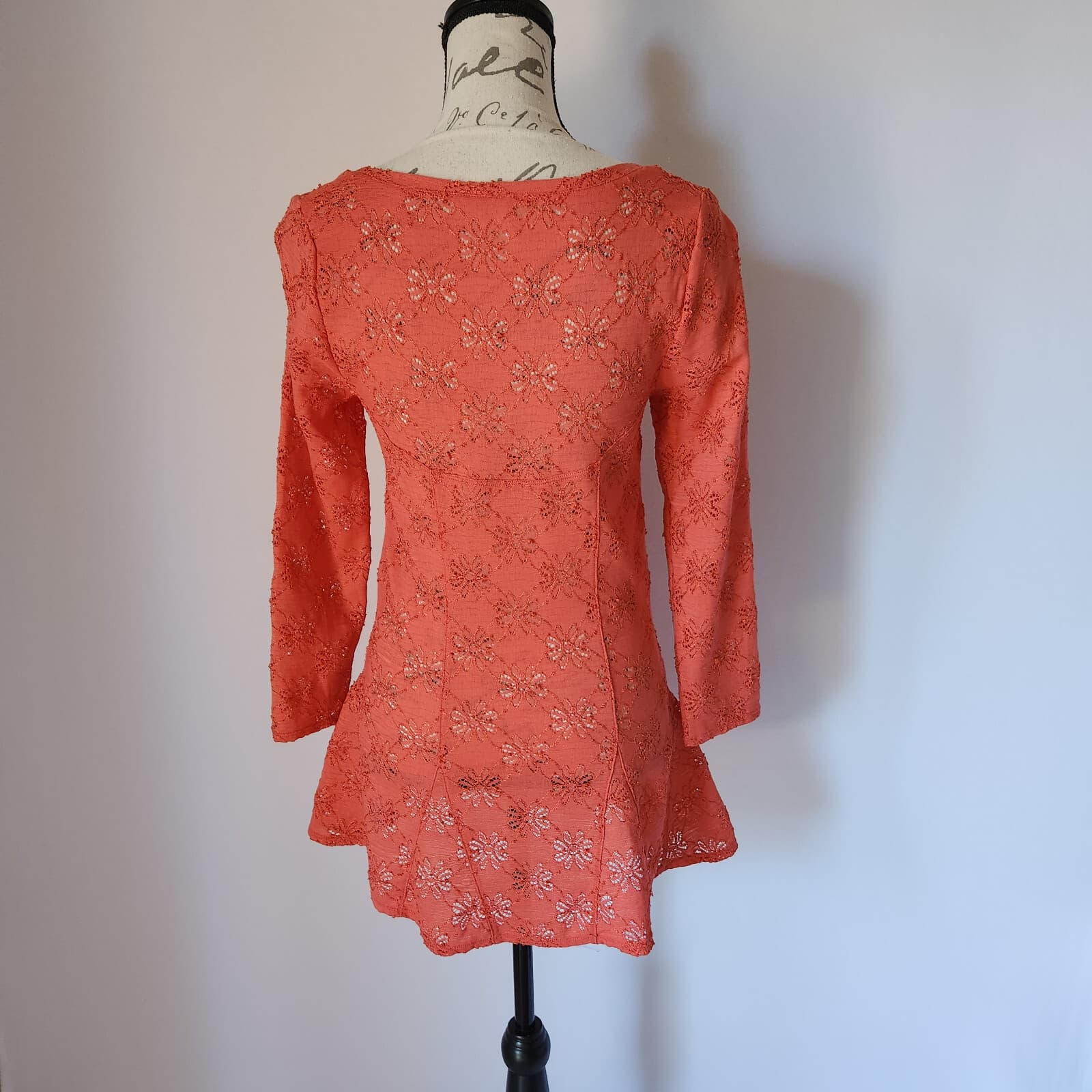 NWoT Free People Daisy Lace Godet Knit Top Peplum 3/4 Sleeve Scoopneck Orange L - Thumbnail 5