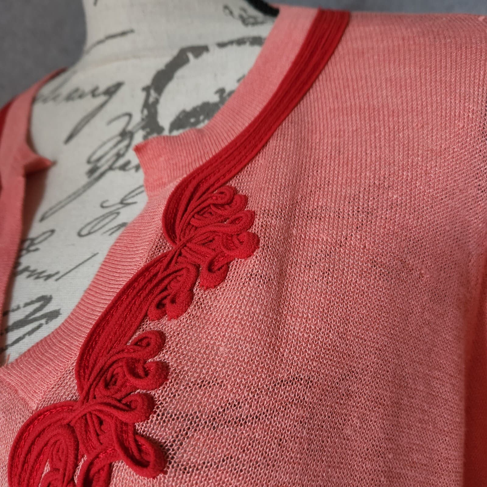 Soft Surroundings Linen Blend Ribbon Embellishing Tunic Top Long Sleeve Coral PL - Thumbnail 2
