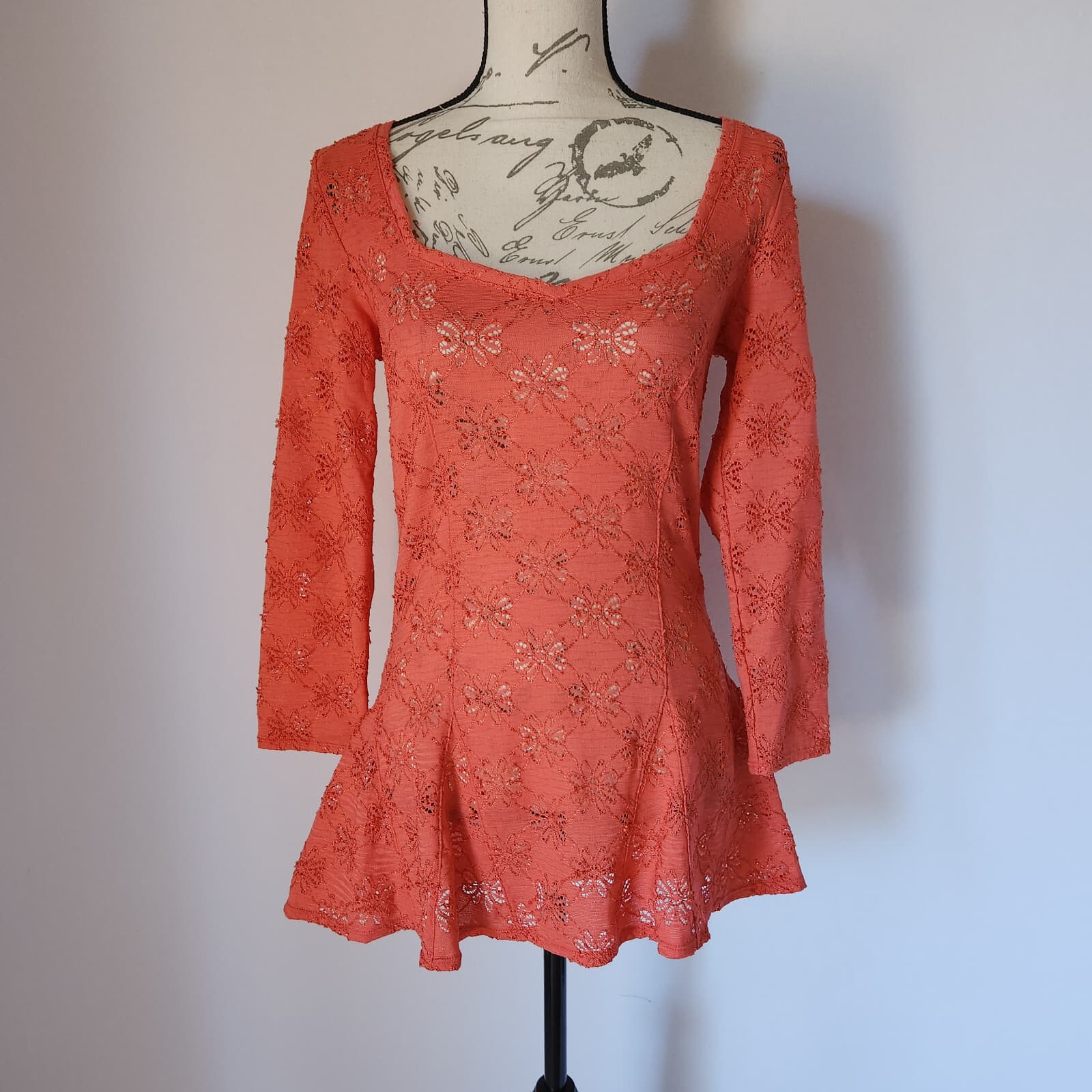 NWoT Free People Daisy Lace Godet Knit Top Peplum 3/4 Sleeve Scoopneck Orange L - Thumbnail 2