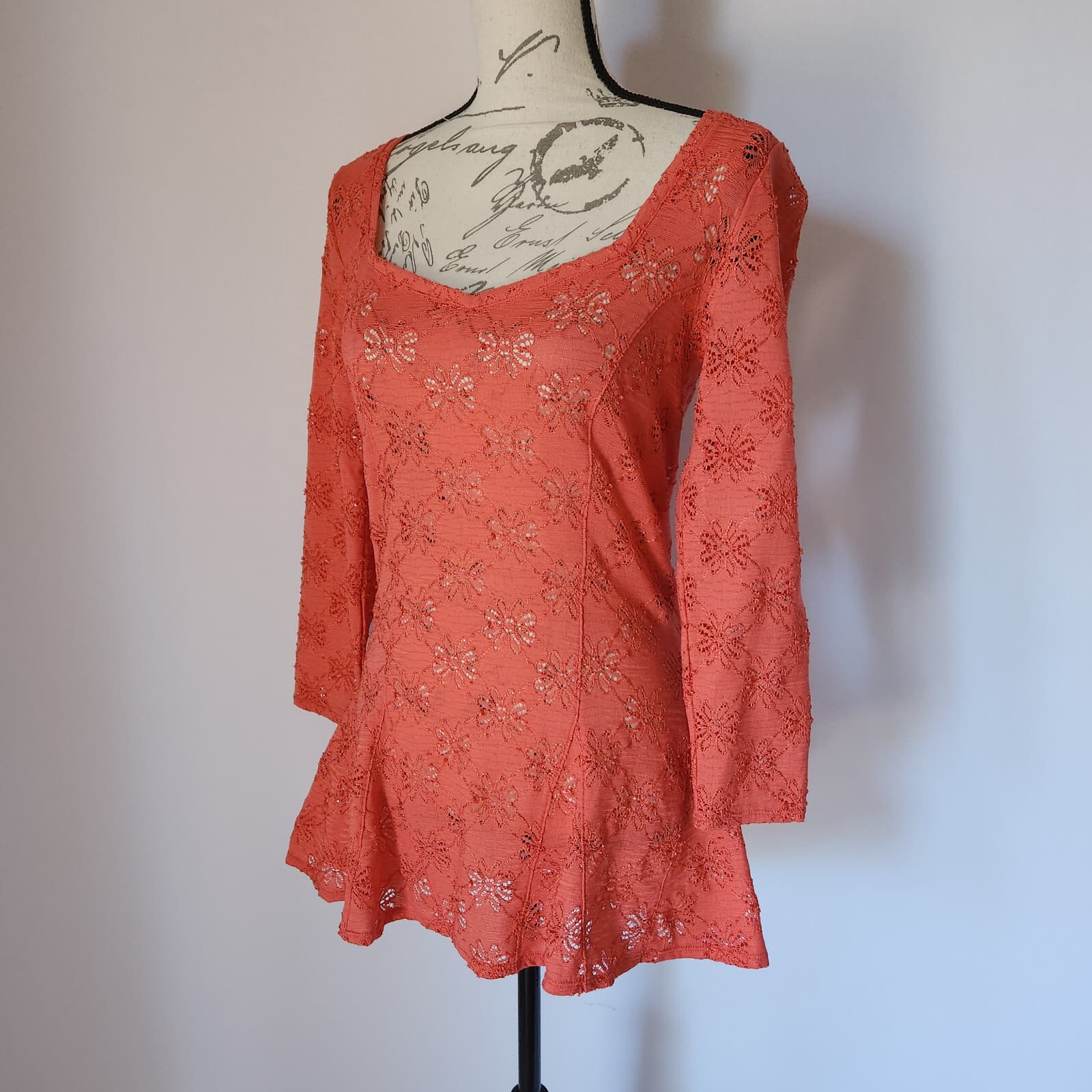 NWoT Free People Daisy Lace Godet Knit Top Peplum 3/4 Sleeve Scoopneck Orange L - Thumbnail 3