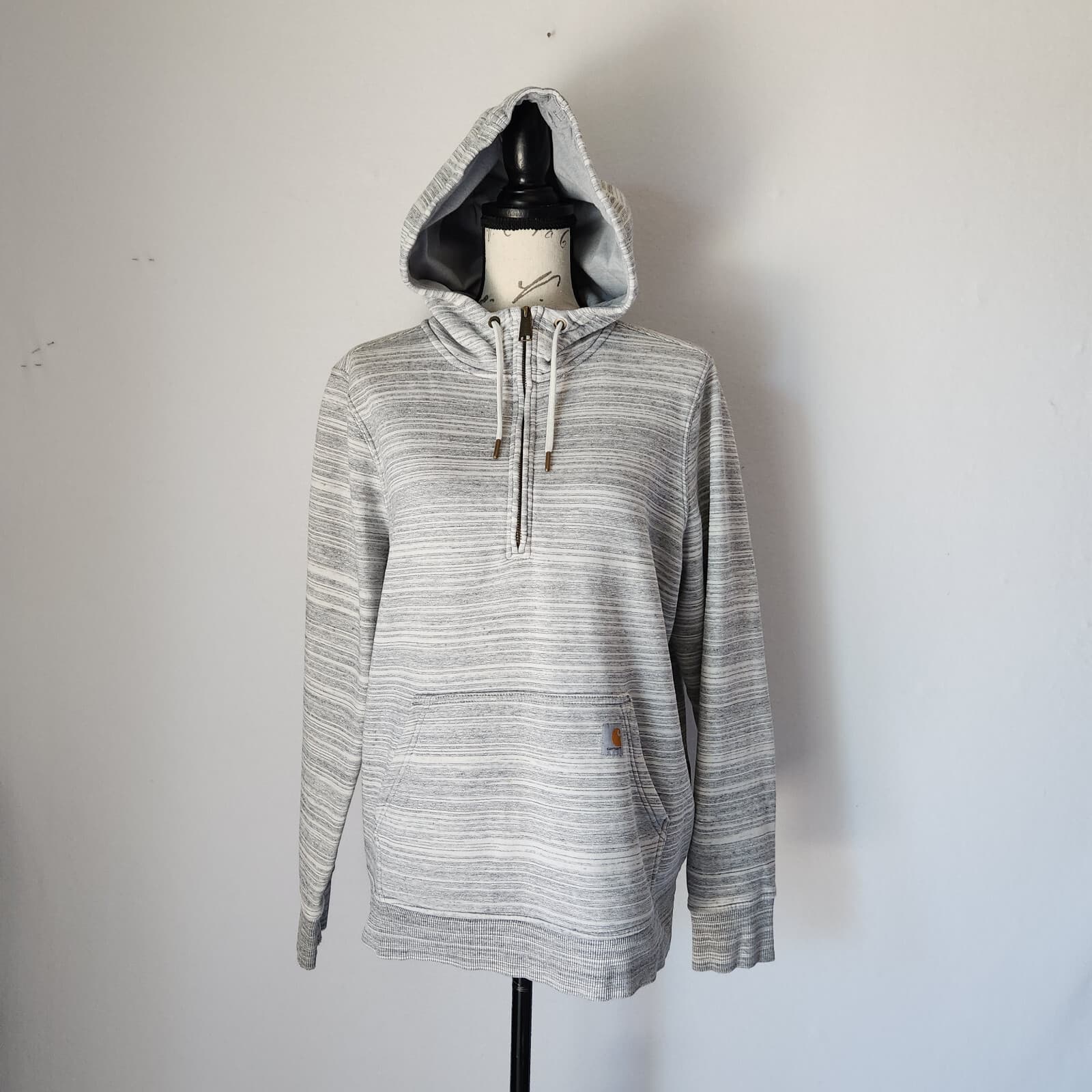 Carhartt Clarksburg Half Zip Hooded Sweatshirt Pocket Striped Grey Girl L 12/14 - Thumbnail 2