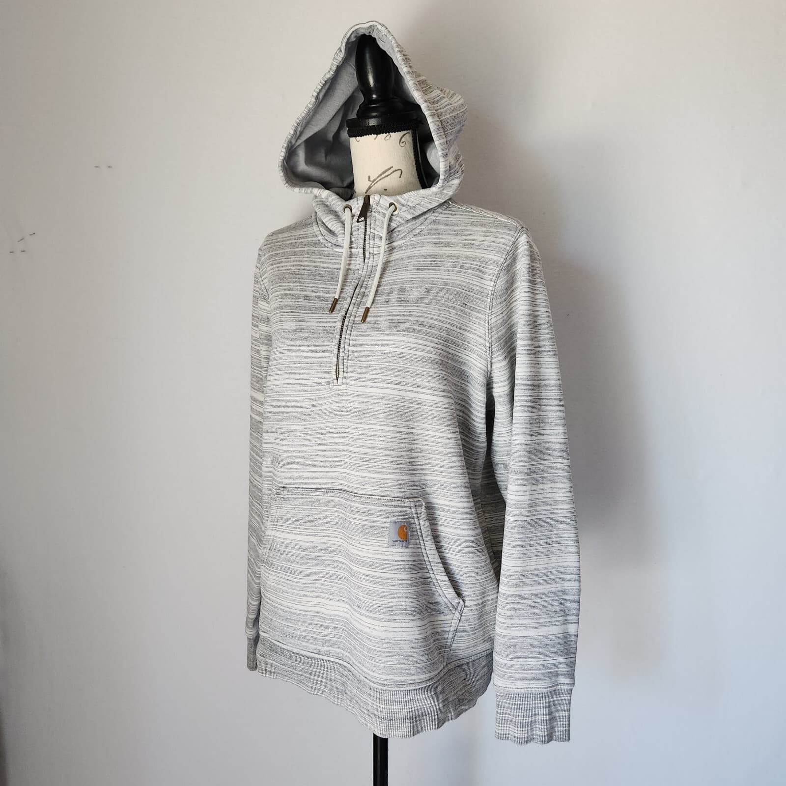 Carhartt Clarksburg Half Zip Hooded Sweatshirt Pocket Striped Grey Girl L 12/14