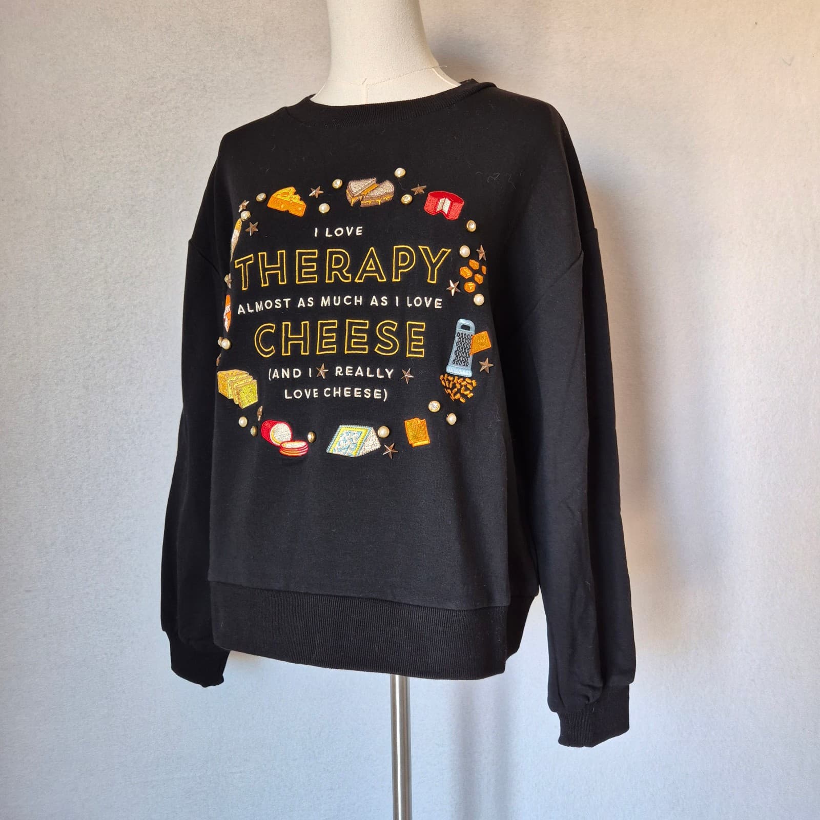 NWT Dash Of Pep Therapy & Cheese Pearl Crystal Embellished Sweatshirt Black Sz.M - Thumbnail 3