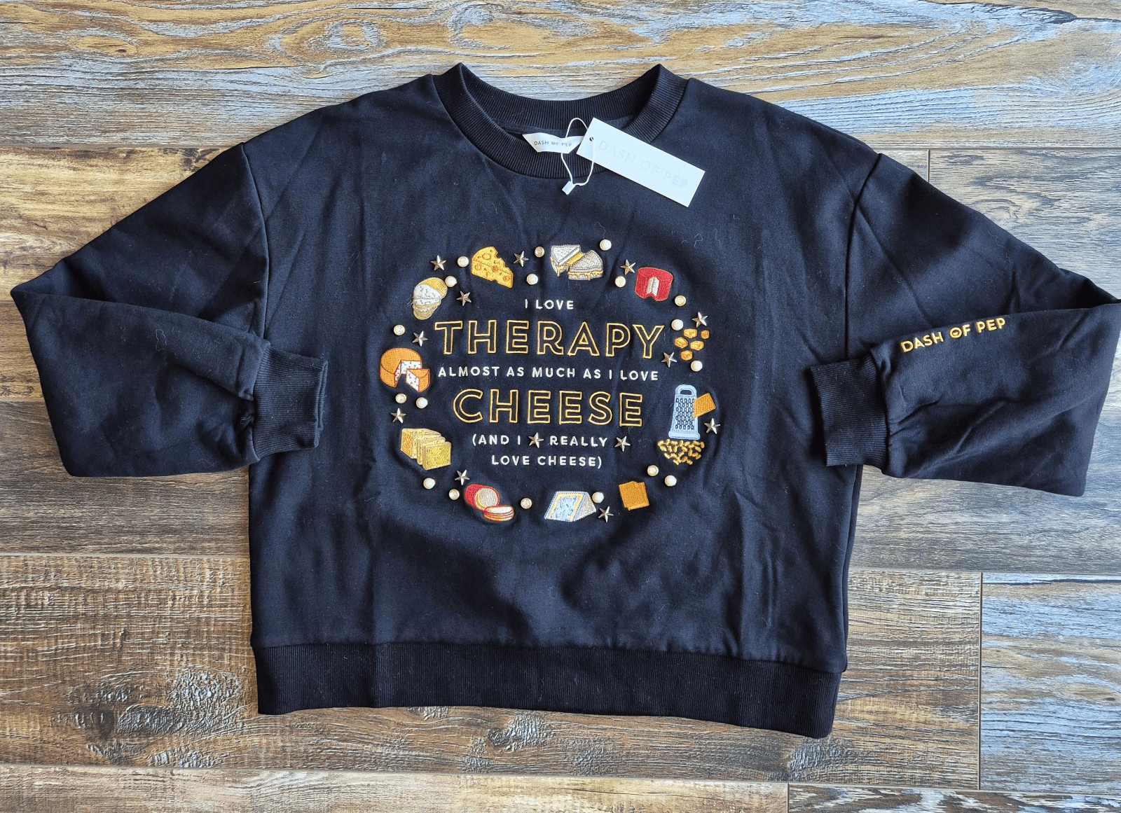 NWT Dash Of Pep Therapy & Cheese Pearl Crystal Embellished Sweatshirt Black Sz.M