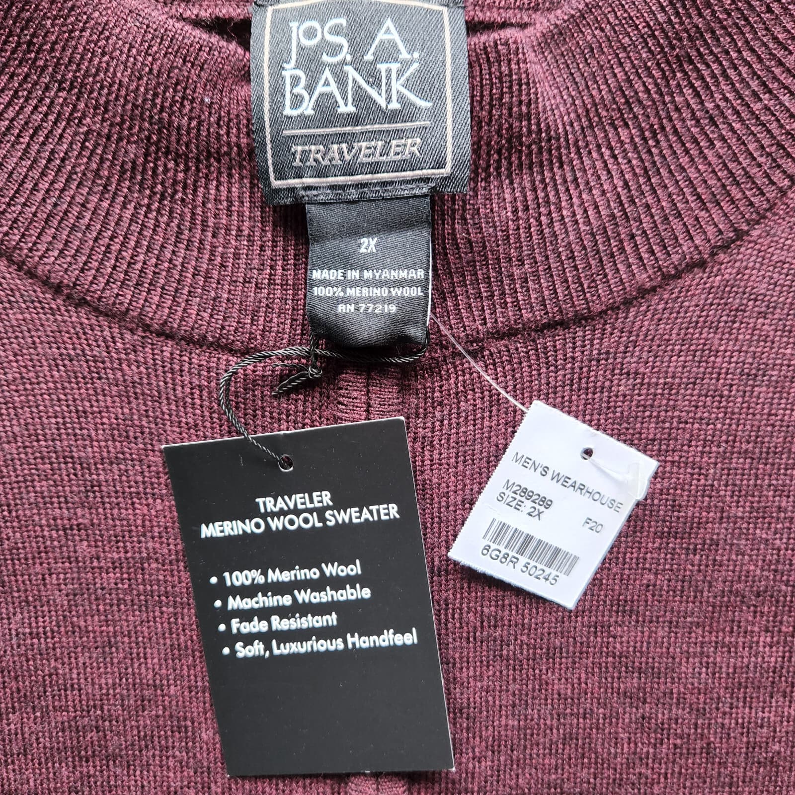NWT Jos A. Bank Merino Wool Traveler 1/4 Zip Mock Sweater Red-Burgundy Men 2X - Thumbnail 5