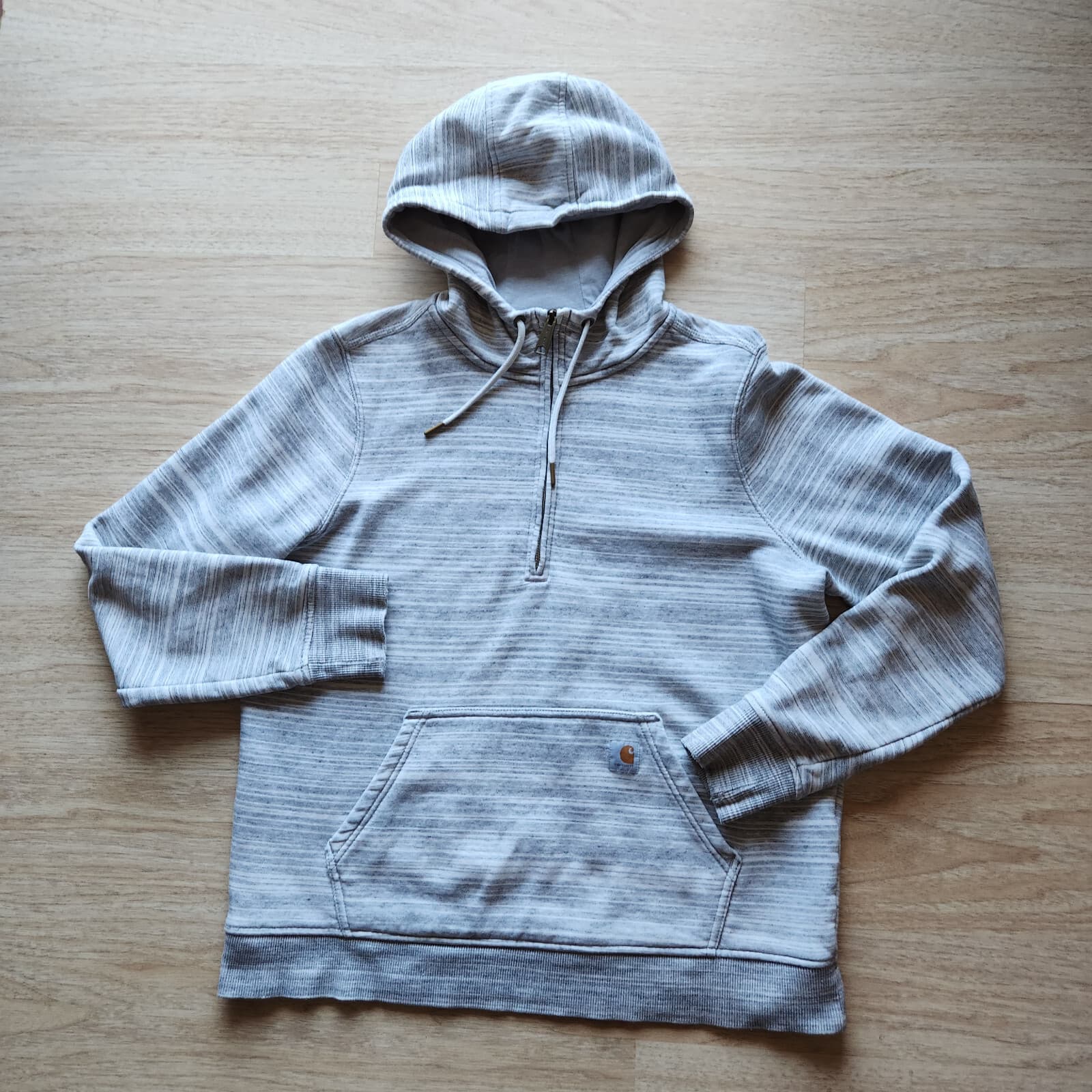 Carhartt Clarksburg Half Zip Hooded Sweatshirt Pocket Striped Grey Girl L 12/14 - Thumbnail 3