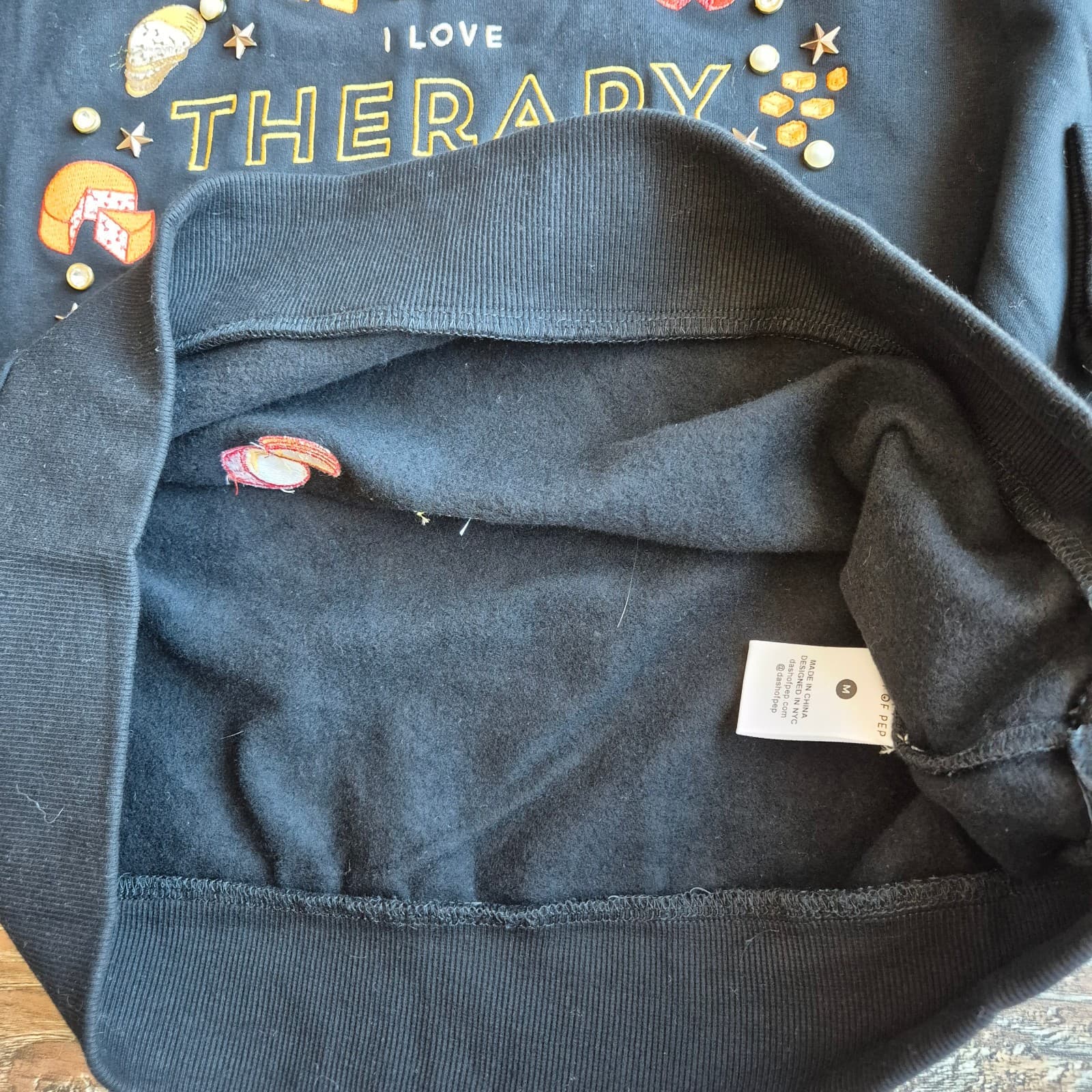 NWT Dash Of Pep Therapy & Cheese Pearl Crystal Embellished Sweatshirt Black Sz.M - Thumbnail 8