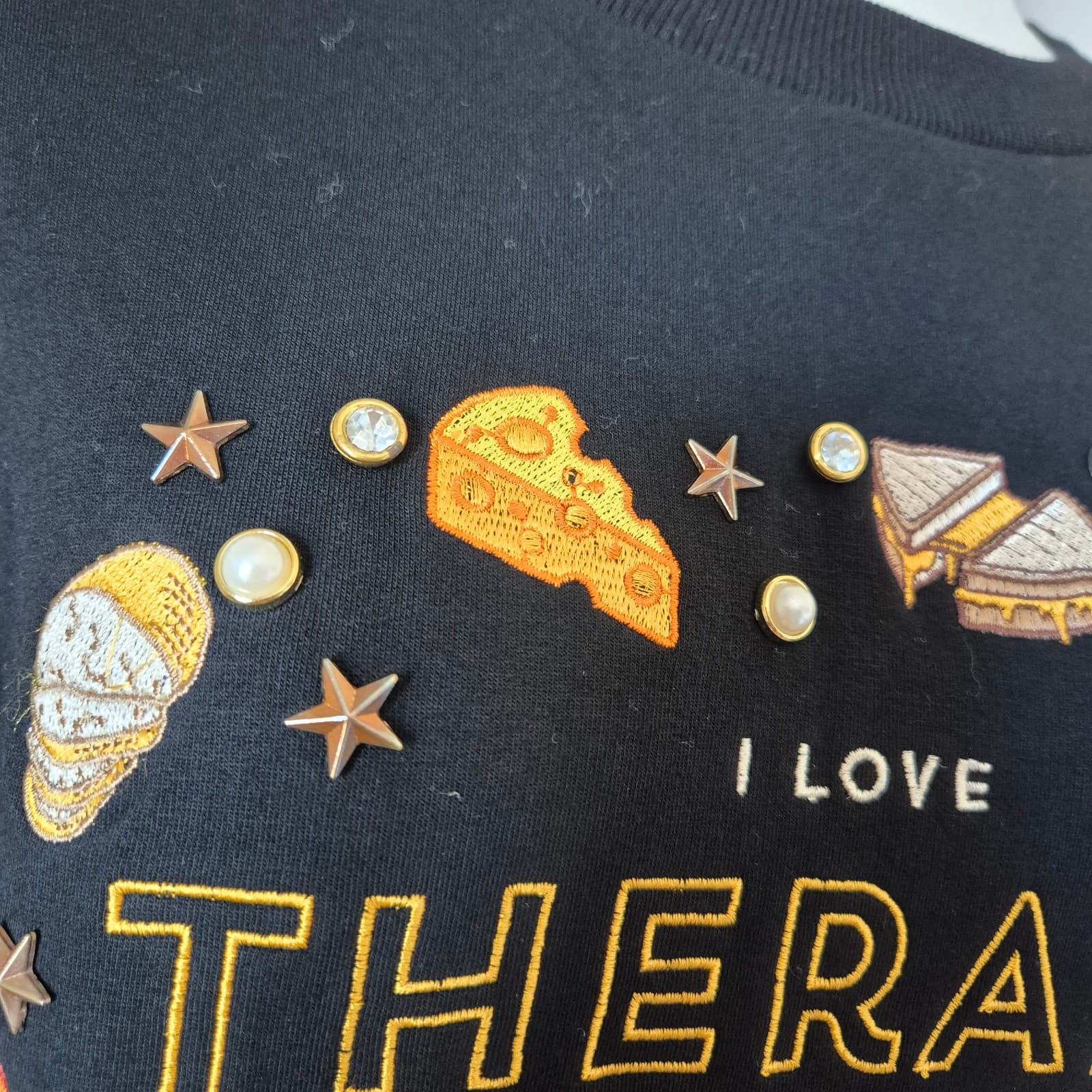 NWT Dash Of Pep Therapy & Cheese Pearl Crystal Embellished Sweatshirt Black Sz.M - Thumbnail 5