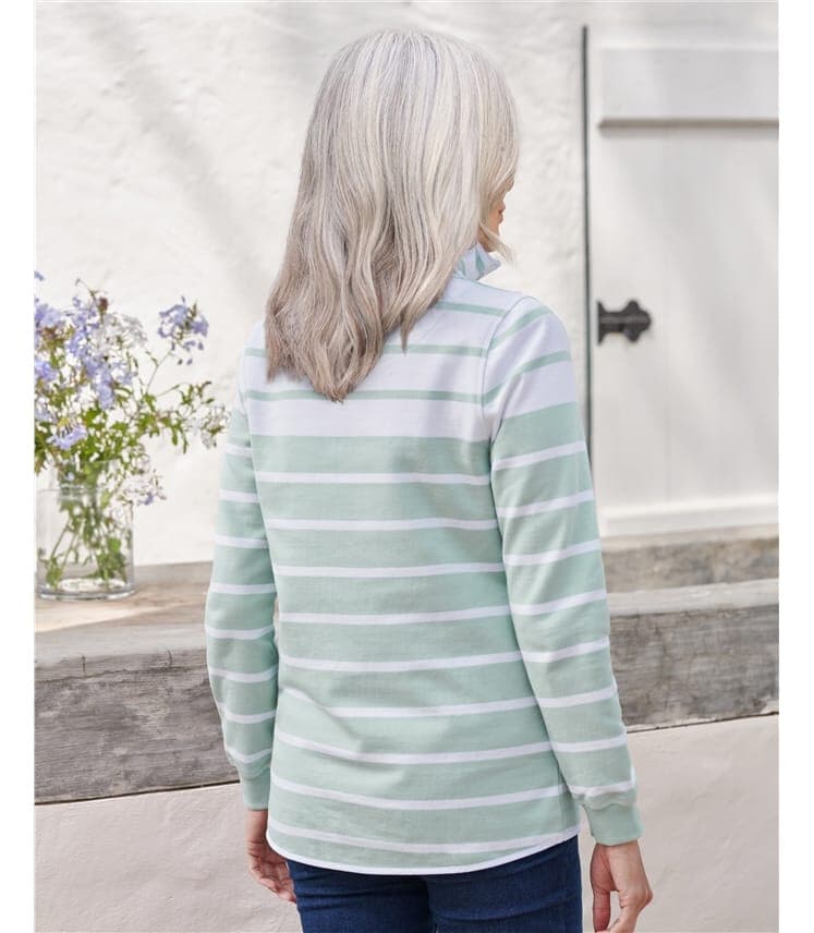 NWT WoolOvers Organic Cotton Half Zip Sweatshirt Mock Neck Duck Egg Stripe Sz.M - Thumbnail 5