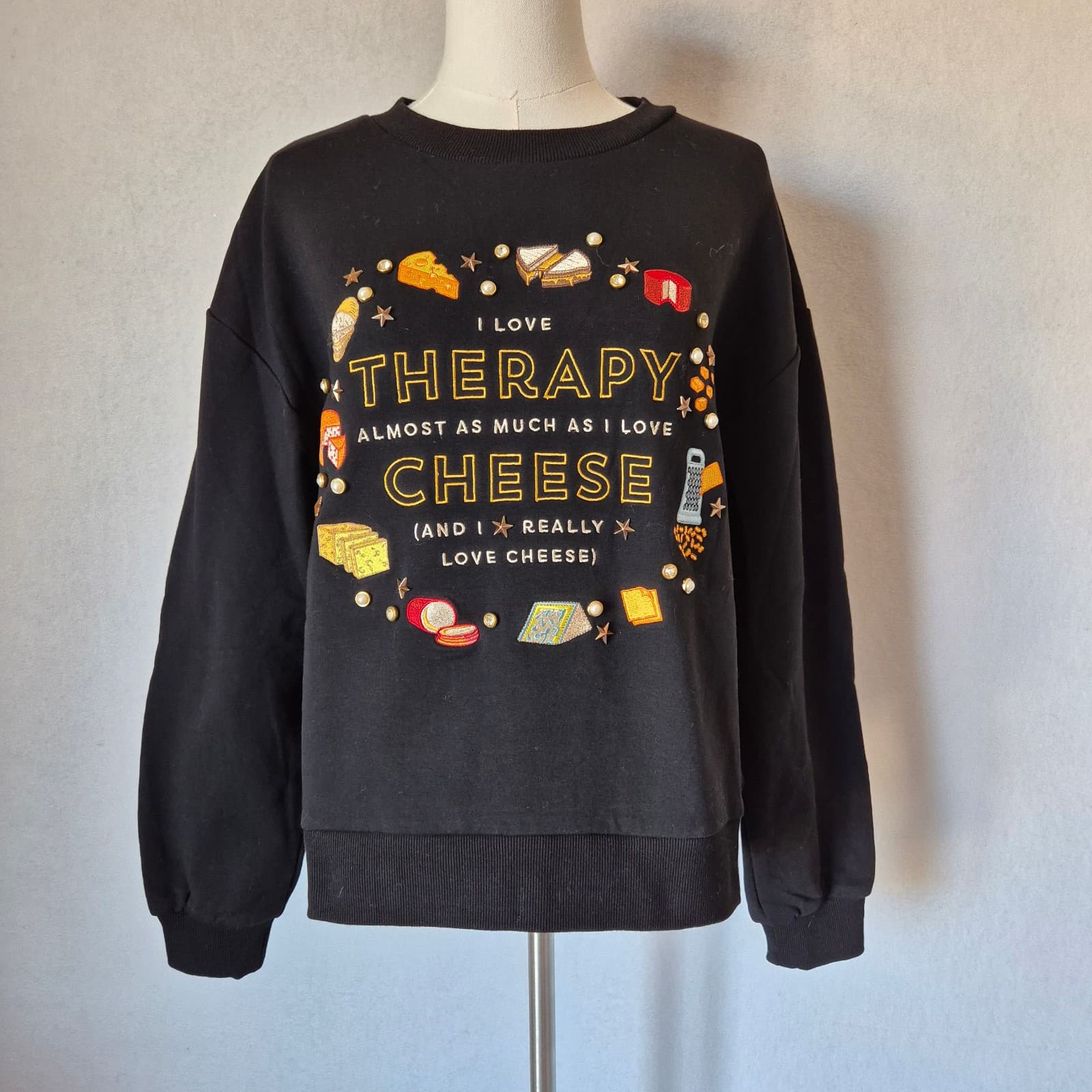 NWT Dash Of Pep Therapy & Cheese Pearl Crystal Embellished Sweatshirt Black Sz.M - Thumbnail 2