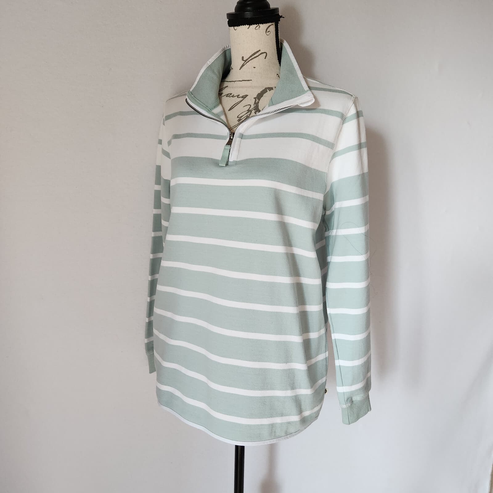 NWT WoolOvers Organic Cotton Half Zip Sweatshirt Mock Neck Duck Egg Stripe Sz.M - Thumbnail 3