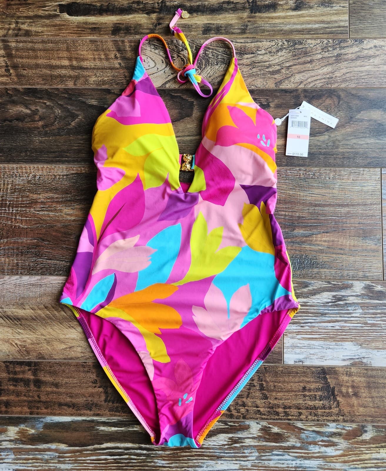 NWT TRINA TURK $172 Size 10 Lilleth Halter Plunge Multicolor One Piece Swimsuit - Thumbnail 9