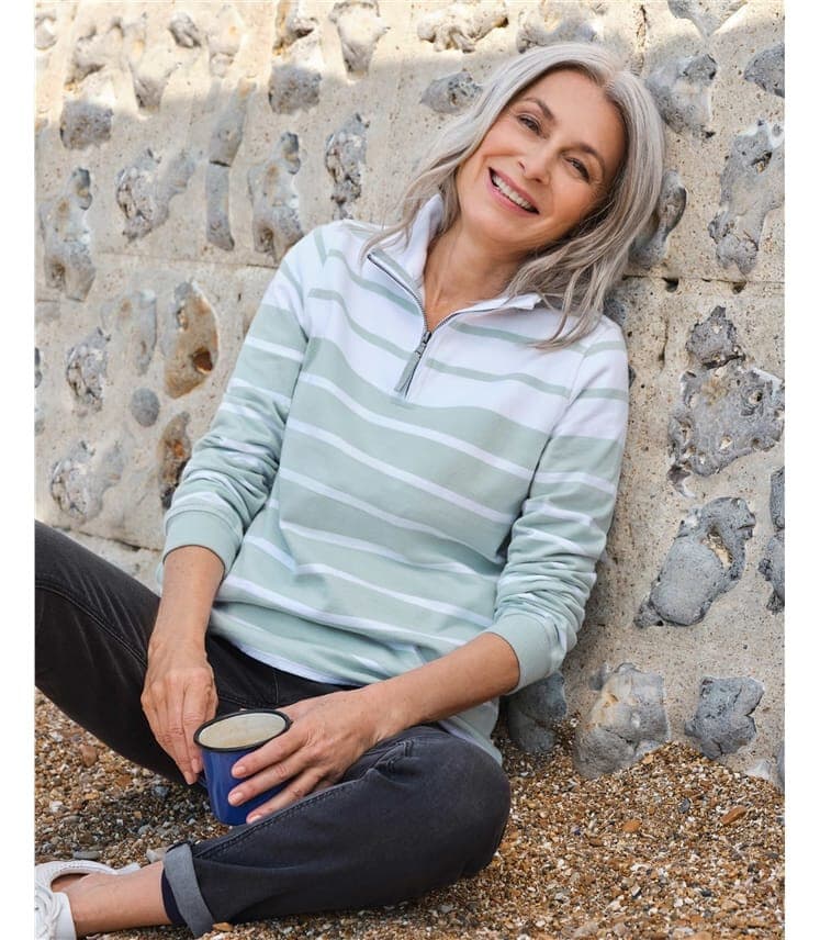 NWT WoolOvers Organic Cotton Half Zip Sweatshirt Mock Neck Duck Egg Stripe Sz.M - Thumbnail 2