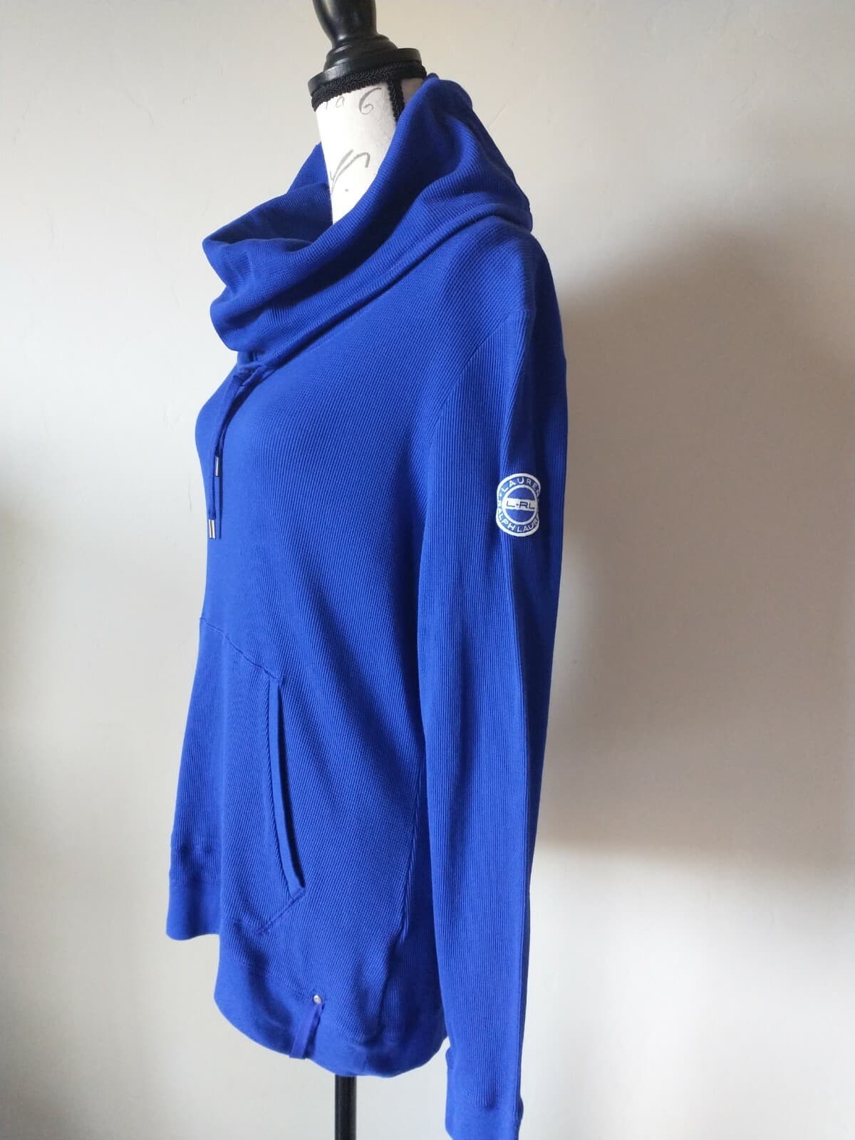Lauren Ralph Lauren Cotton Ripped Knit Hoodie Sweatshirt Kangaroo Pocket Blue L - Thumbnail 2