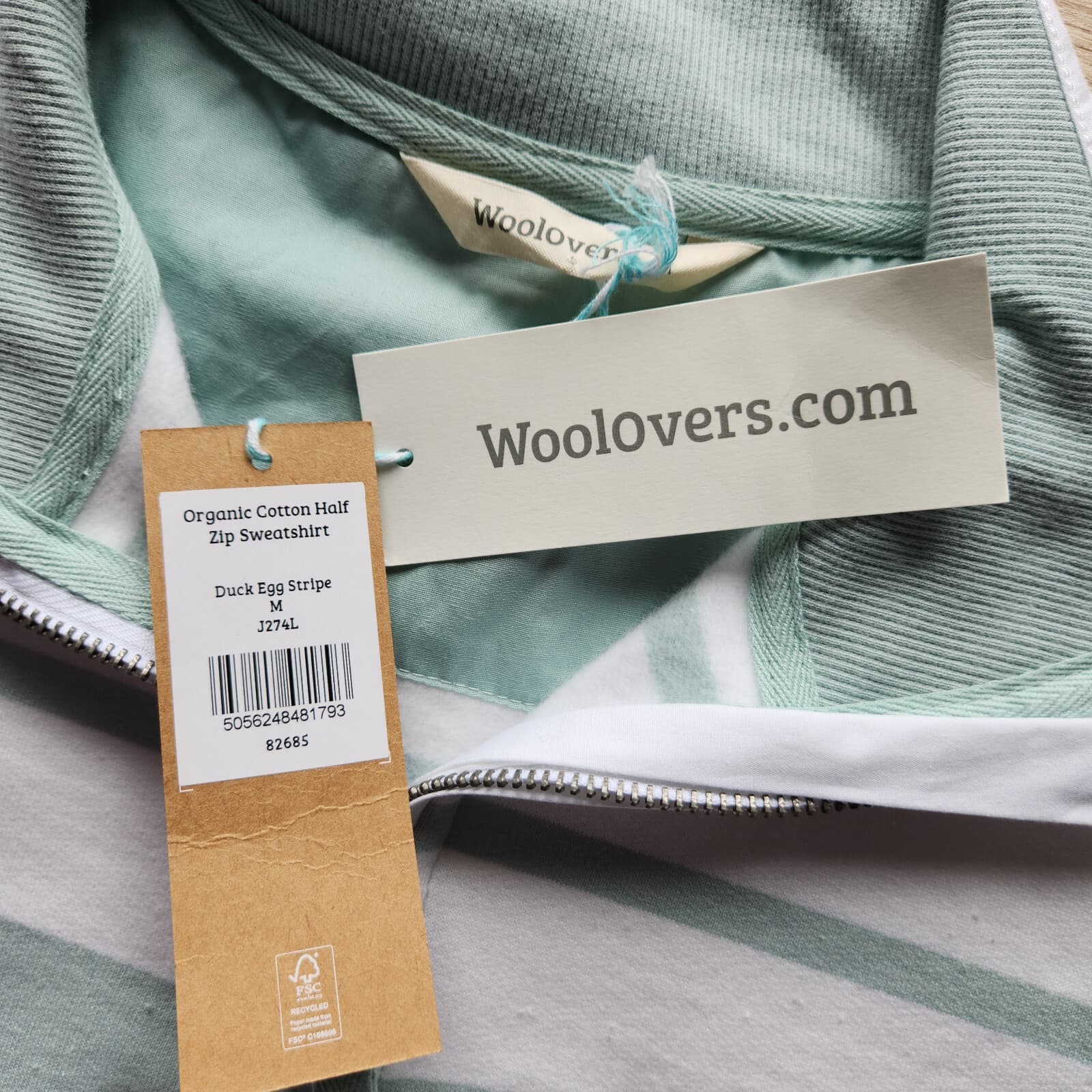 NWT WoolOvers Organic Cotton Half Zip Sweatshirt Mock Neck Duck Egg Stripe Sz.M - Thumbnail 10
