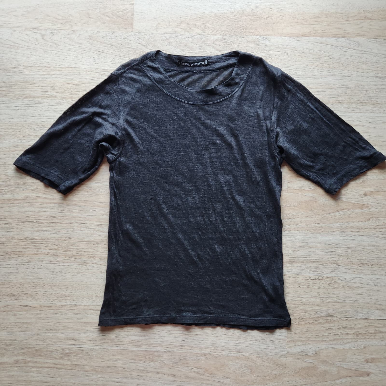 Umberto Ginocchietti Made in Italy Linen Top Short Sleeve Semi-Sheer Black Sz.42 - Thumbnail 5