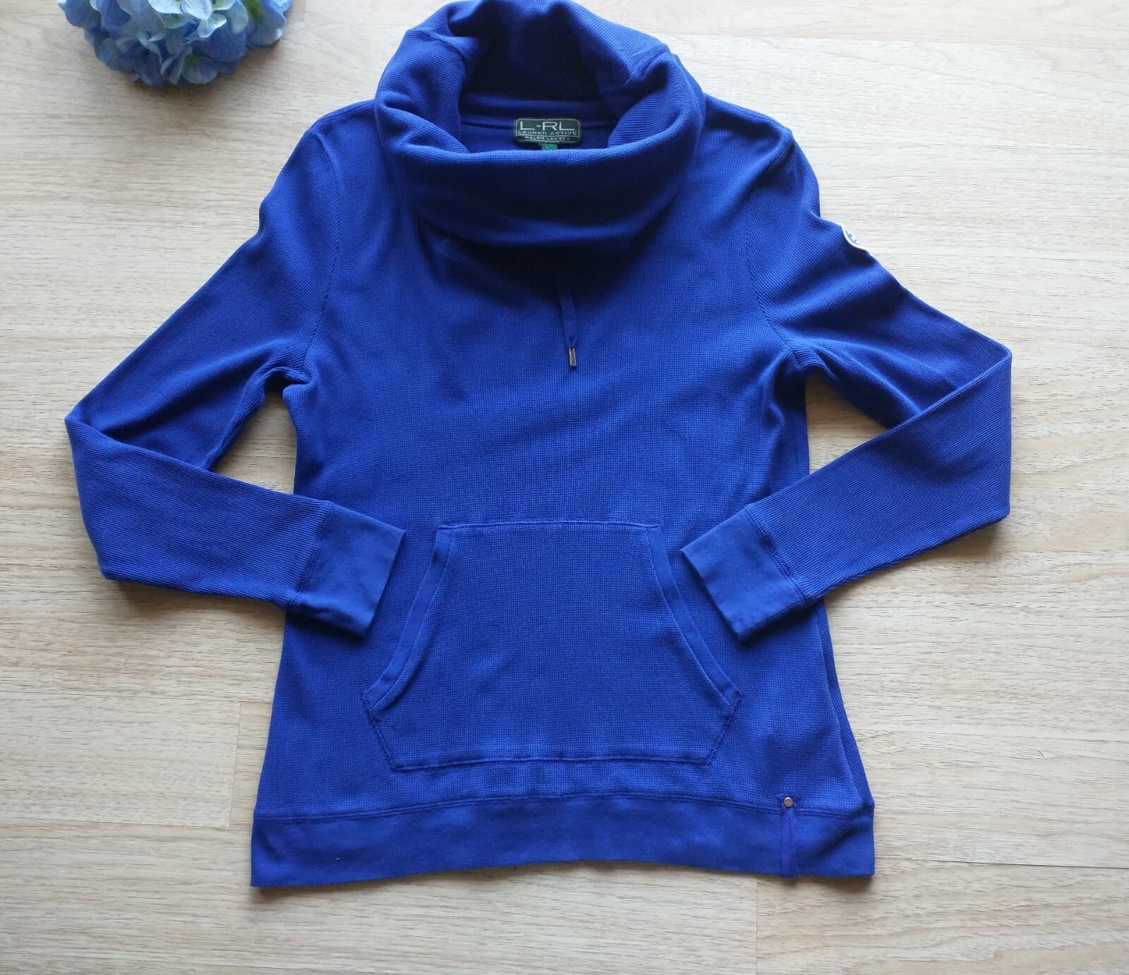 Lauren Ralph Lauren Cotton Ripped Knit Hoodie Sweatshirt Kangaroo Pocket Blue L - Thumbnail 5