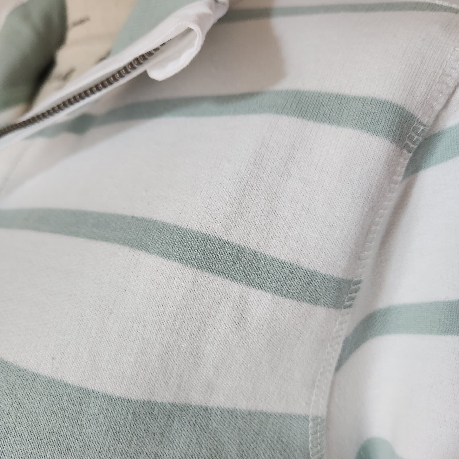 NWT WoolOvers Organic Cotton Half Zip Sweatshirt Mock Neck Duck Egg Stripe Sz.M - Thumbnail 4