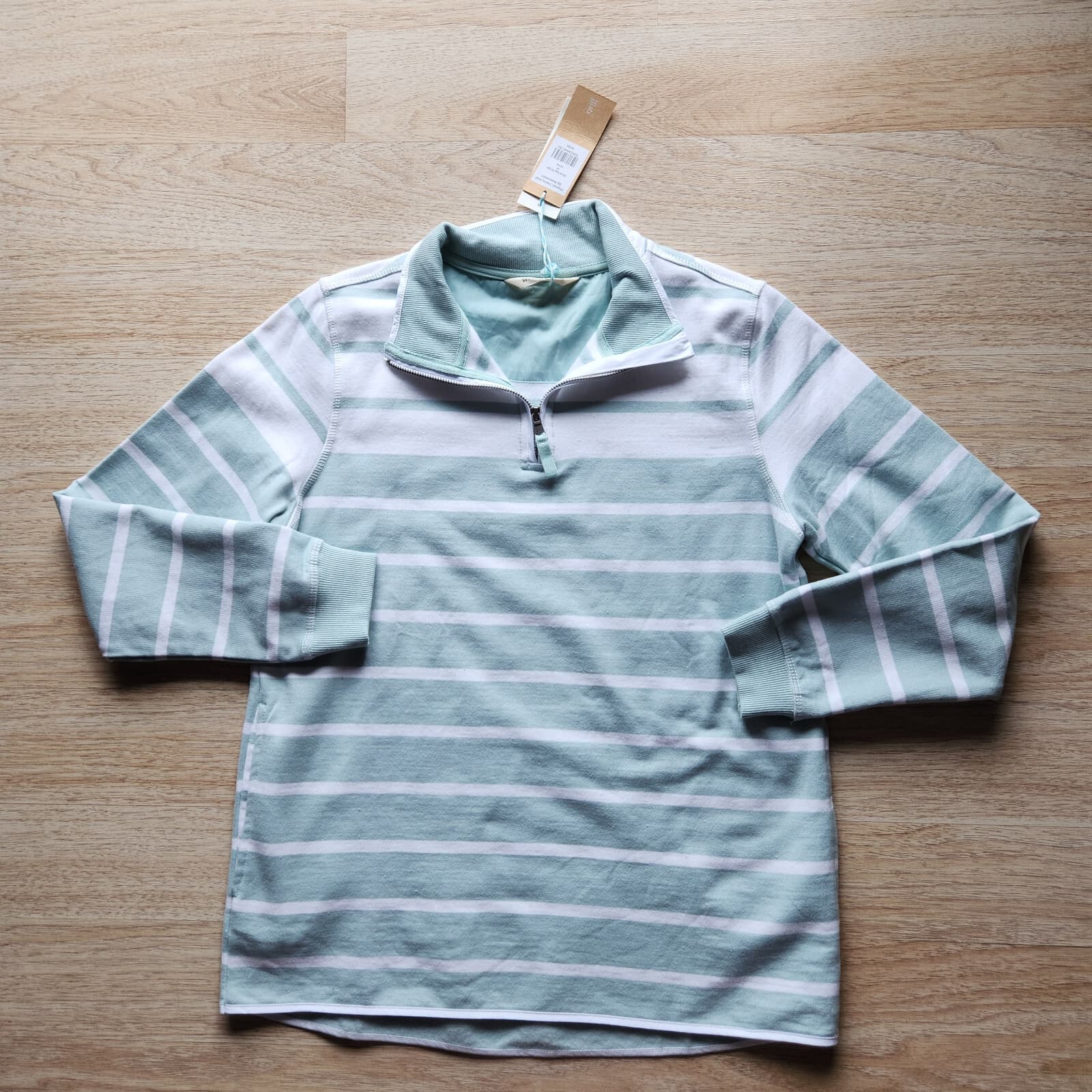 NWT WoolOvers Organic Cotton Half Zip Sweatshirt Mock Neck Duck Egg Stripe Sz.M - Thumbnail 7