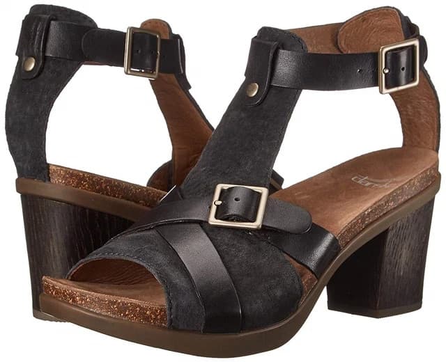 Dansko Dominique T-strap 3" Block Heel Sandals Cork Midsole Black Leather EU39