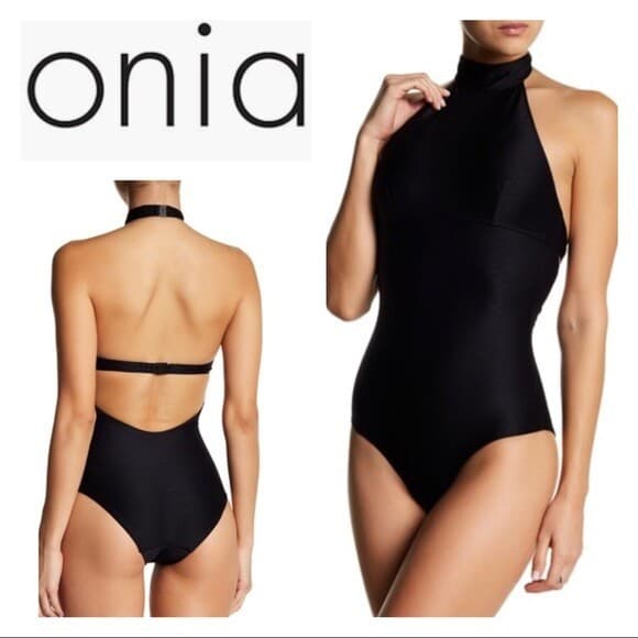Onia One Piece Swimsuit Wireless Bra-Padded Halter Neck Texture Black Sz.L - Thumbnail 5
