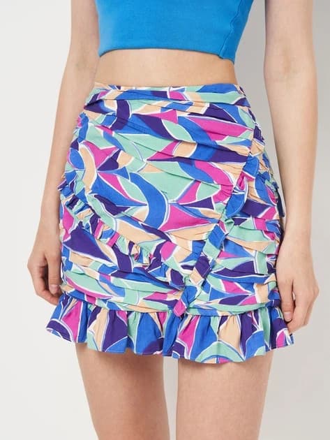 Zara Ruffle Pleated Mini Skirt Lined Multicolor Geo-Printed Viscose Women's M - Thumbnail 2