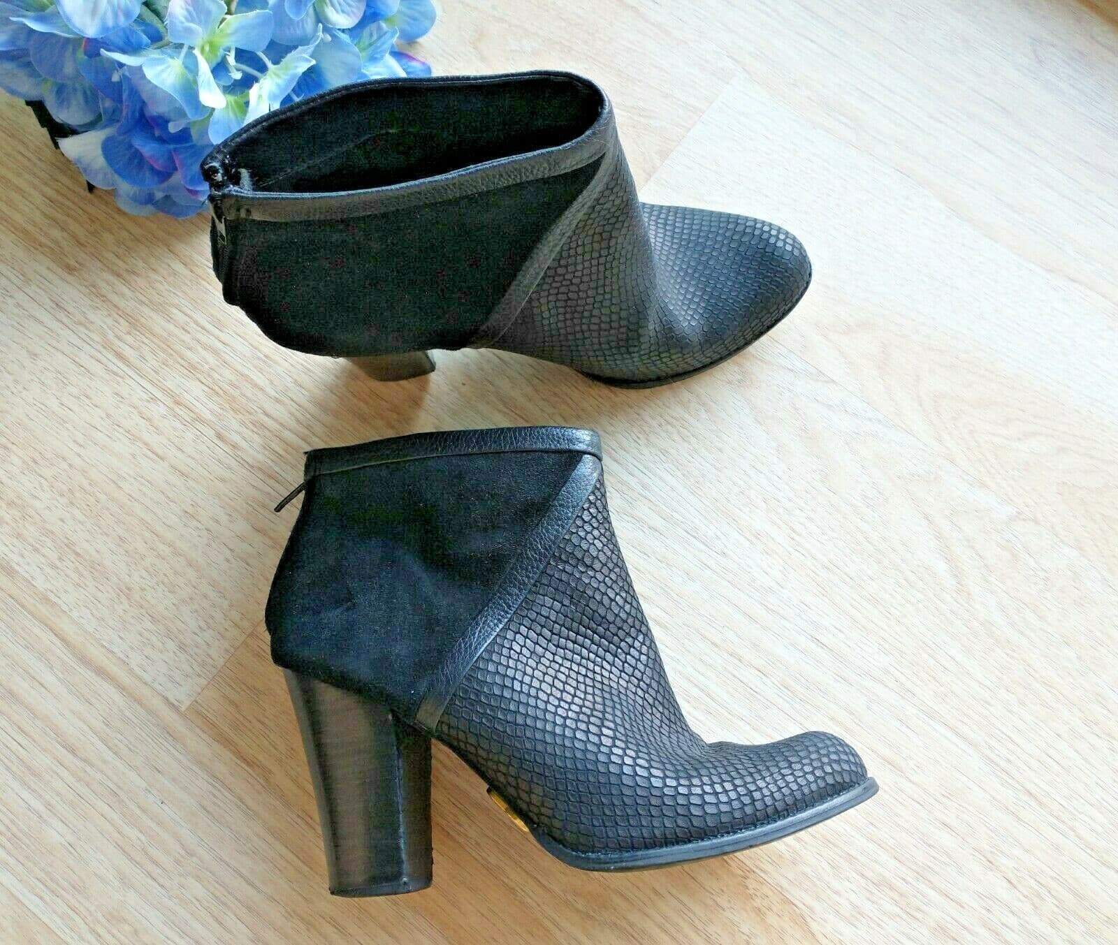 FOSSIL Suede Leather Heel Ankle Boots Back-Zipper Pattern-Black Women US8.5 - Thumbnail 2
