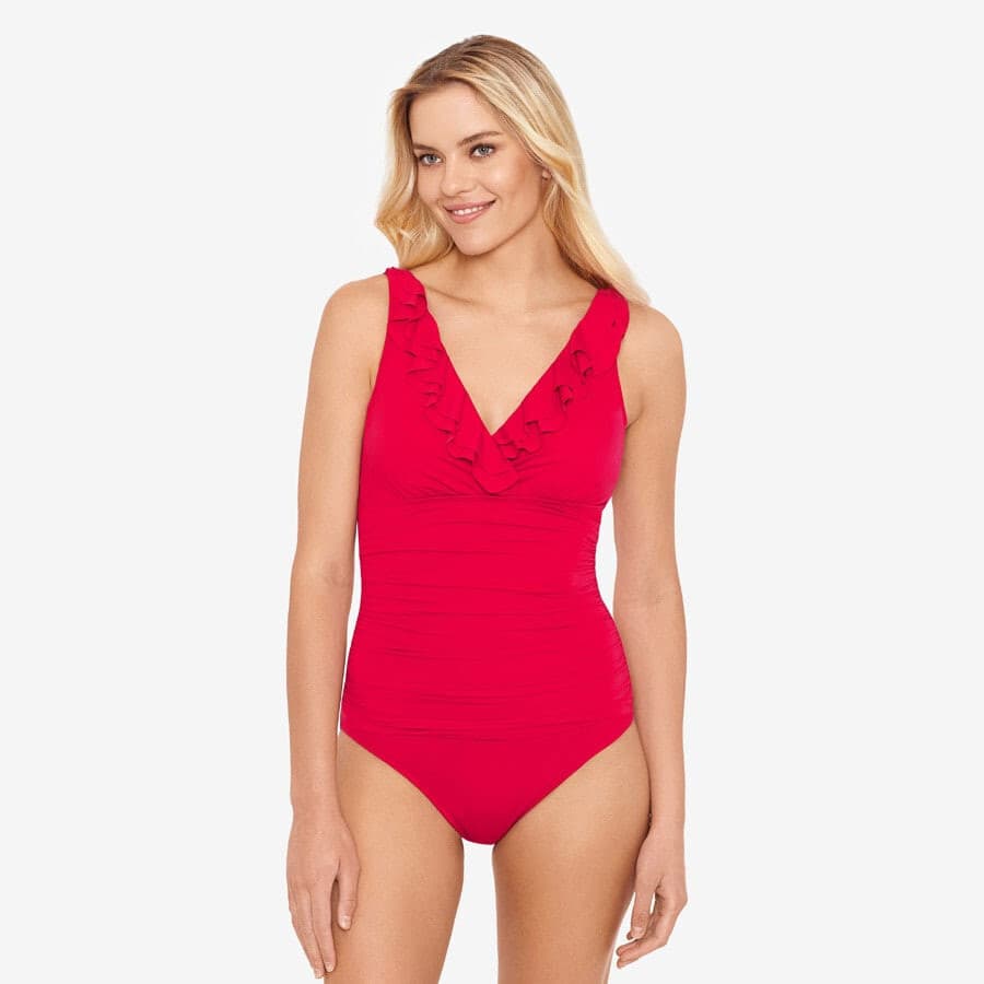 Lauren Ralph Lauren Ruffle Surplice V-Neck One-Piece Swimsuit Slimming Red Sz.10 - Thumbnail 3