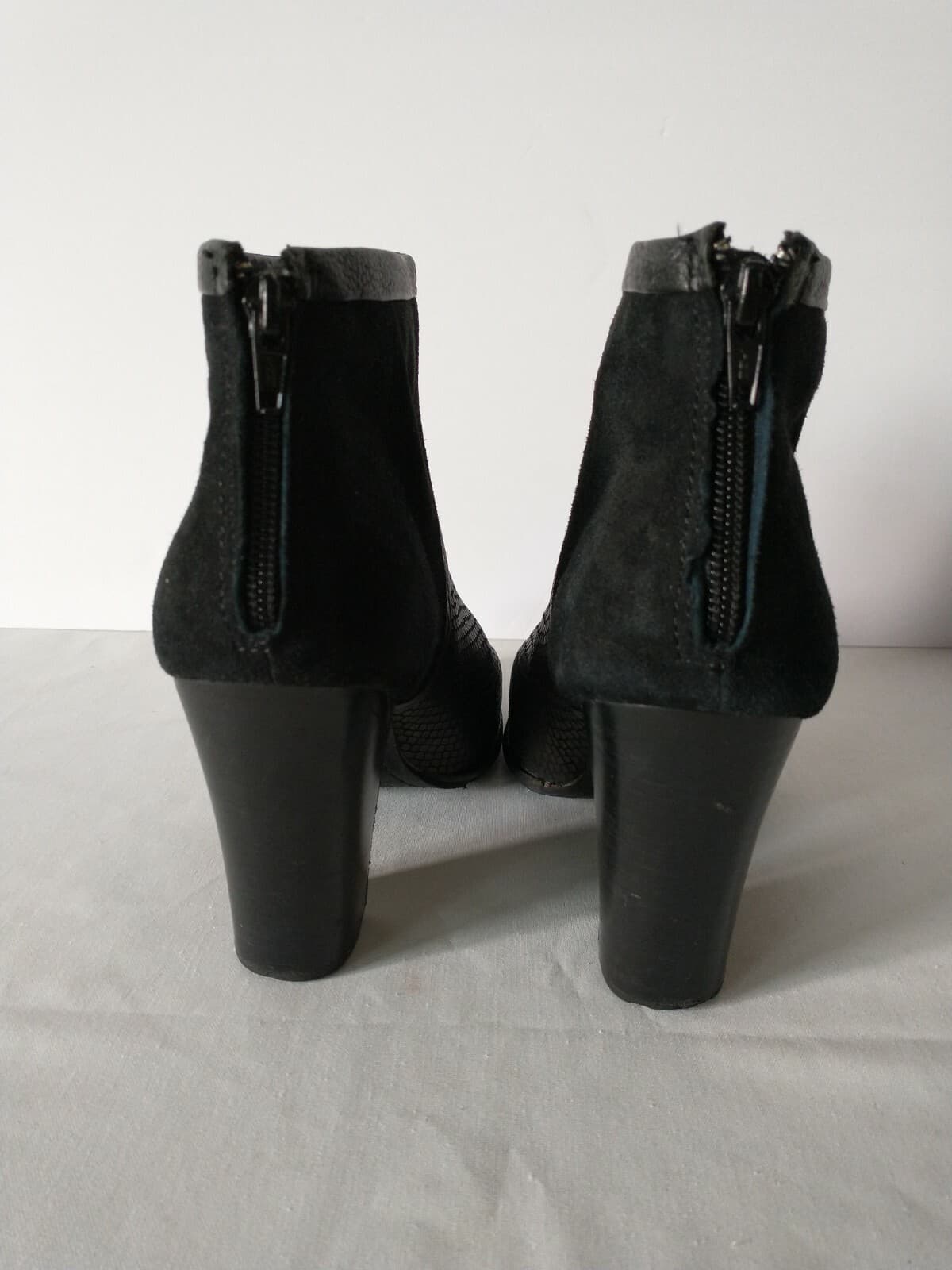 FOSSIL Suede Leather Heel Ankle Boots Back-Zipper Pattern-Black Women US8.5 - Thumbnail 6