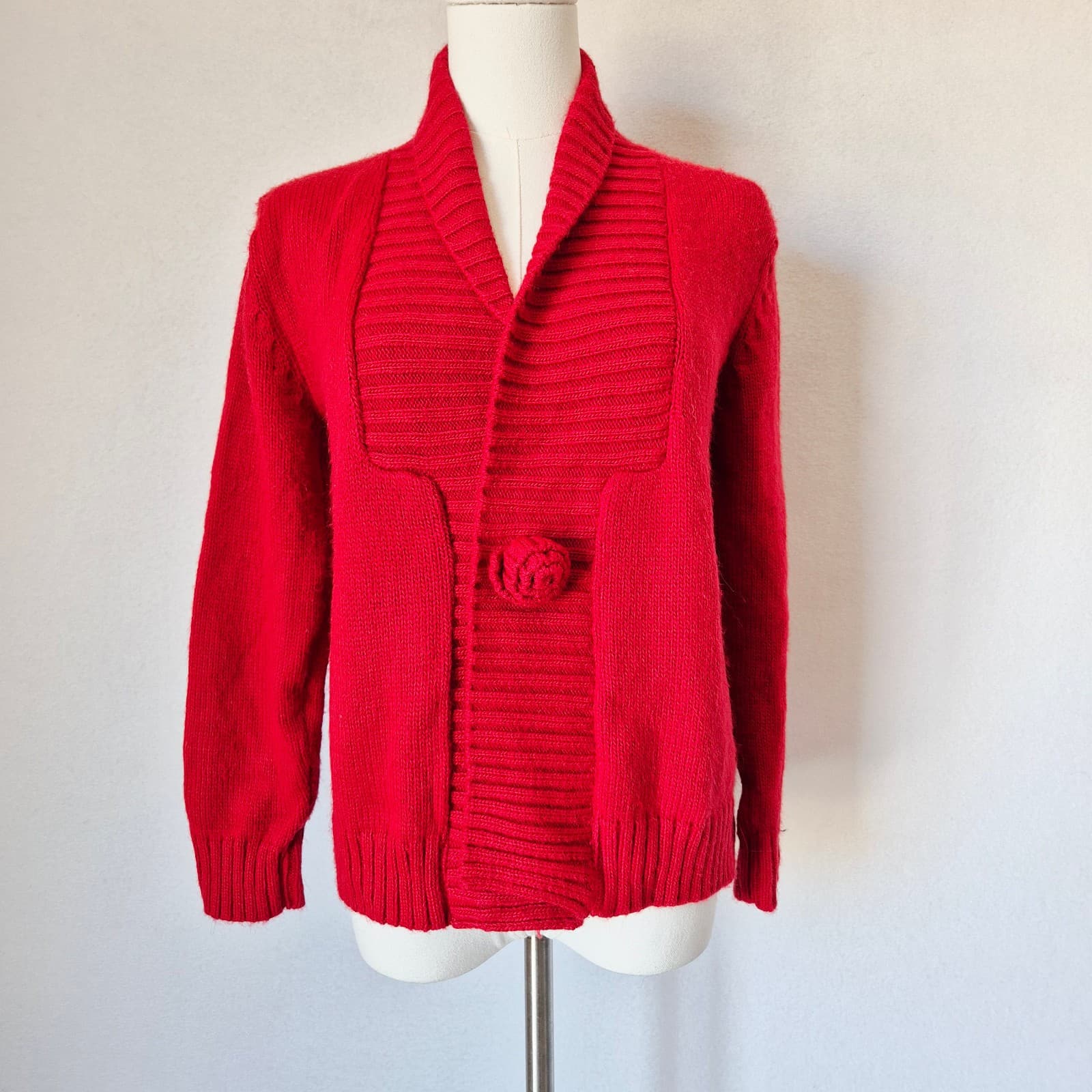 Alpaca Fina Made In Peru Shawl Neck Cardigan Snap Red Women's M (Bust 36") - Thumbnail 2