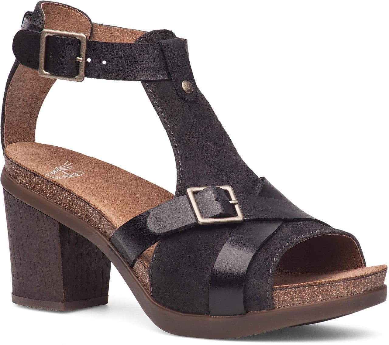 Dansko Dominique T-strap 3" Block Heel Sandals Cork Midsole Black Leather EU39 - Thumbnail 3