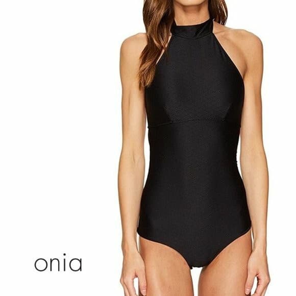Onia One Piece Swimsuit Wireless Bra-Padded Halter Neck Texture Black Sz.L - Thumbnail 2