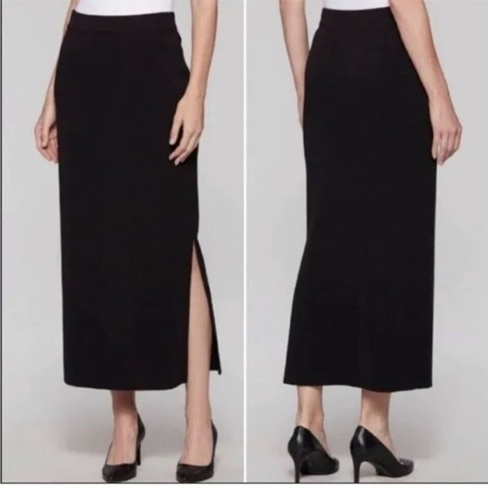 ST. JOHN Basic Santana Knit Maxi Pencil Skirt Elastic Waist Side-Slit Black Sz.4 - Thumbnail 2