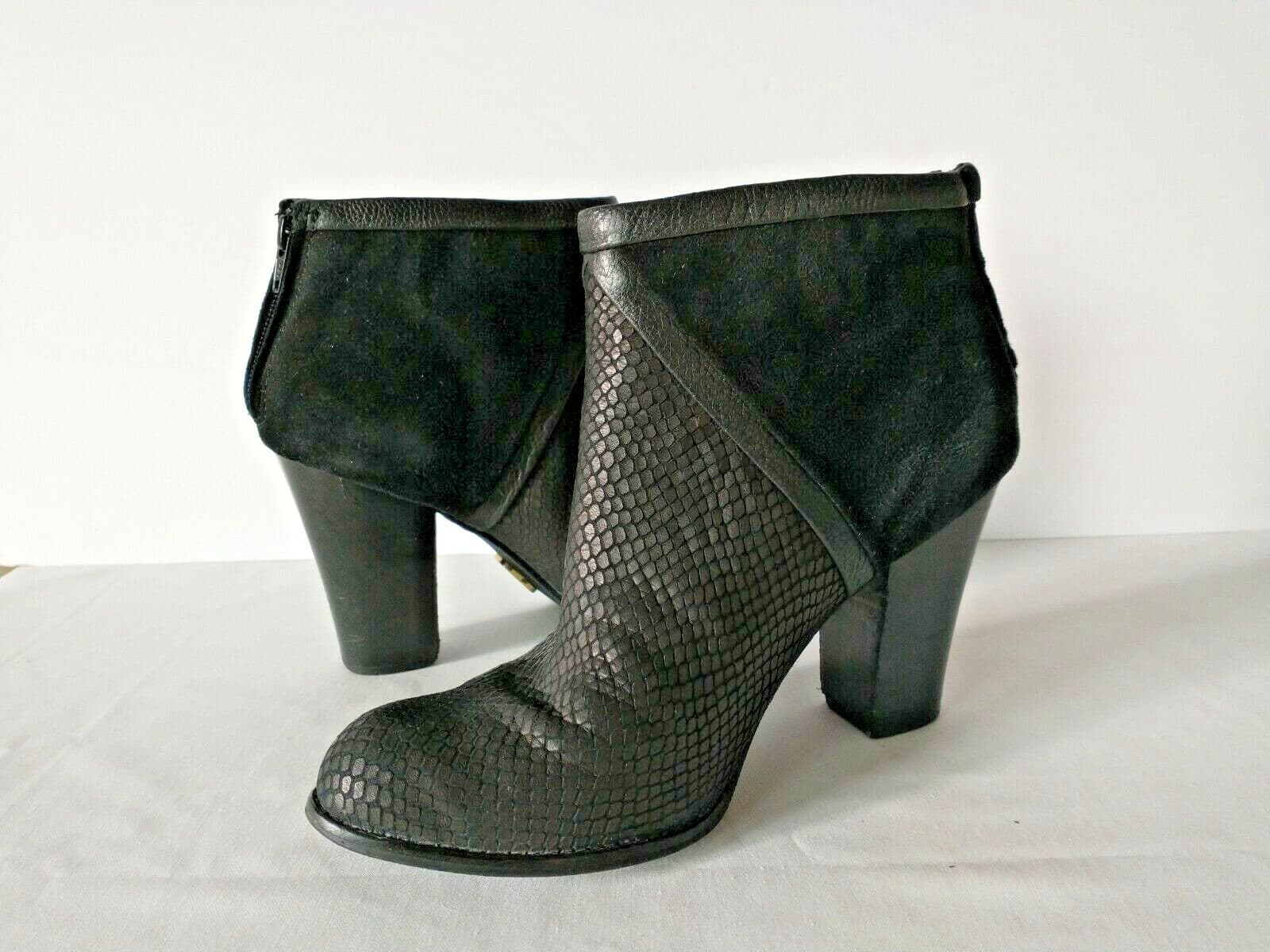 FOSSIL Suede Leather Heel Ankle Boots Back-Zipper Pattern-Black Women US8.5 - Thumbnail 3