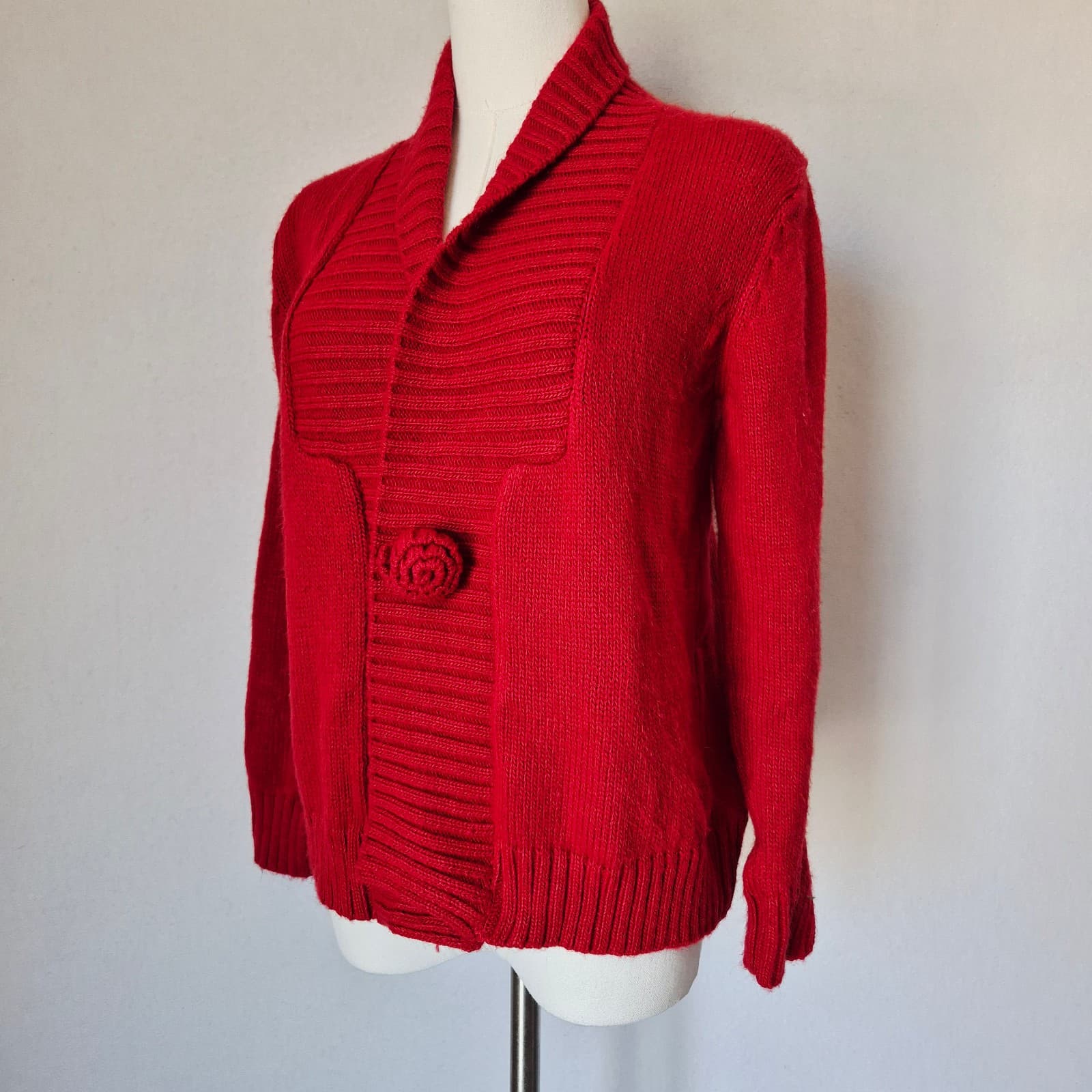Alpaca Fina Made In Peru Shawl Neck Cardigan Snap Red Women's M (Bust 36") - Thumbnail 3