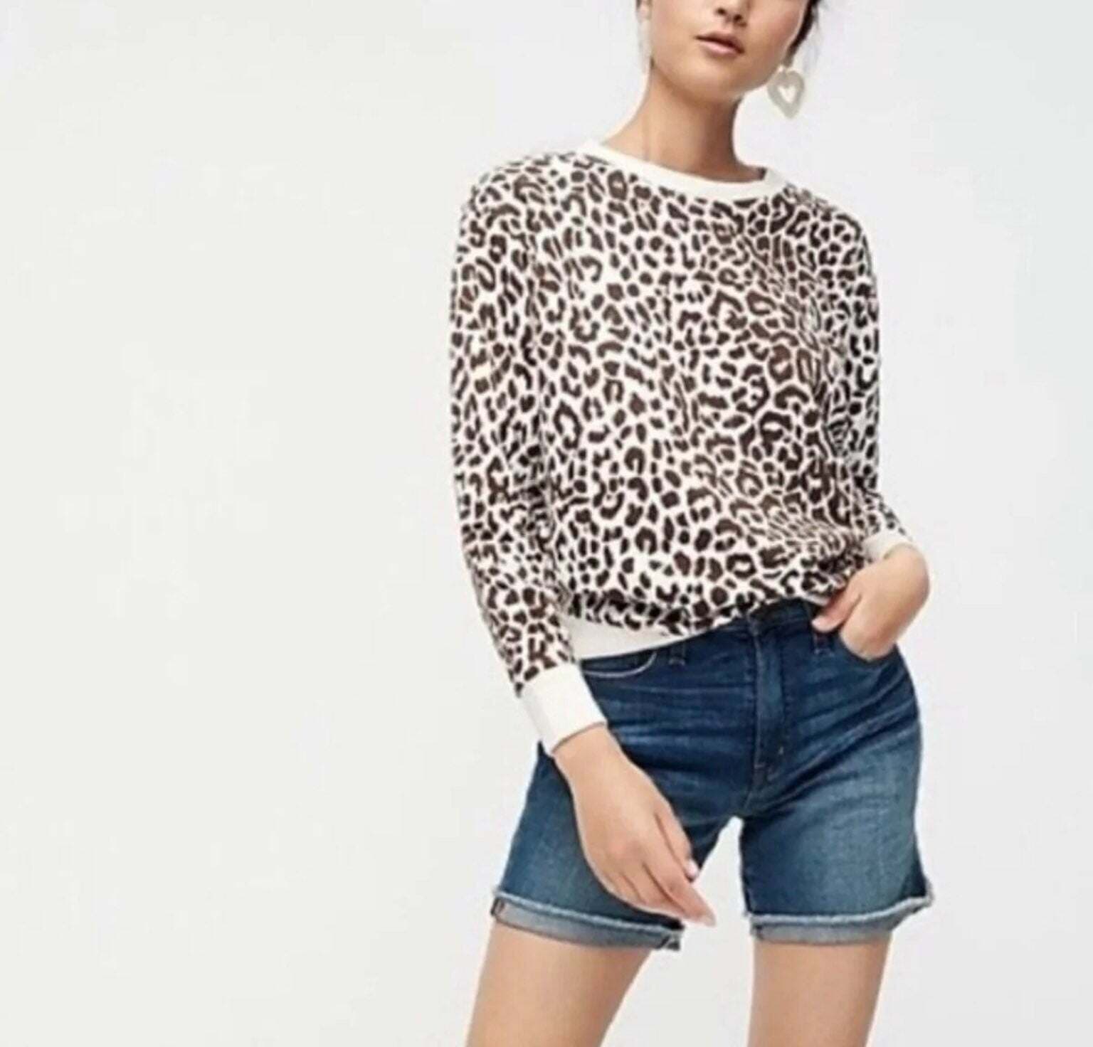 NWoT J.Crew Vintage Fleece Leopard Pullover Sweater Crew Neck Cream Brown Sz.M
