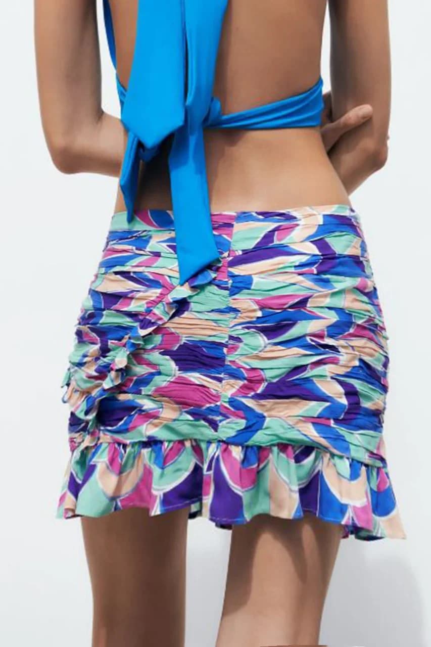 Zara Ruffle Pleated Mini Skirt Lined Multicolor Geo-Printed Viscose Women's M - Thumbnail 4