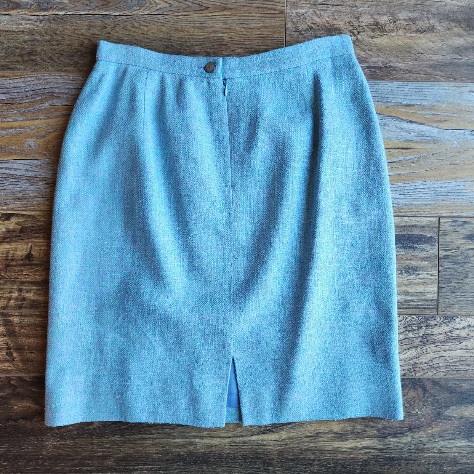 Vintage Burberry Made in USA Silk Linen Pencil Skirt Zip Atomic Fleck Blue Sz.10 - Thumbnail 4