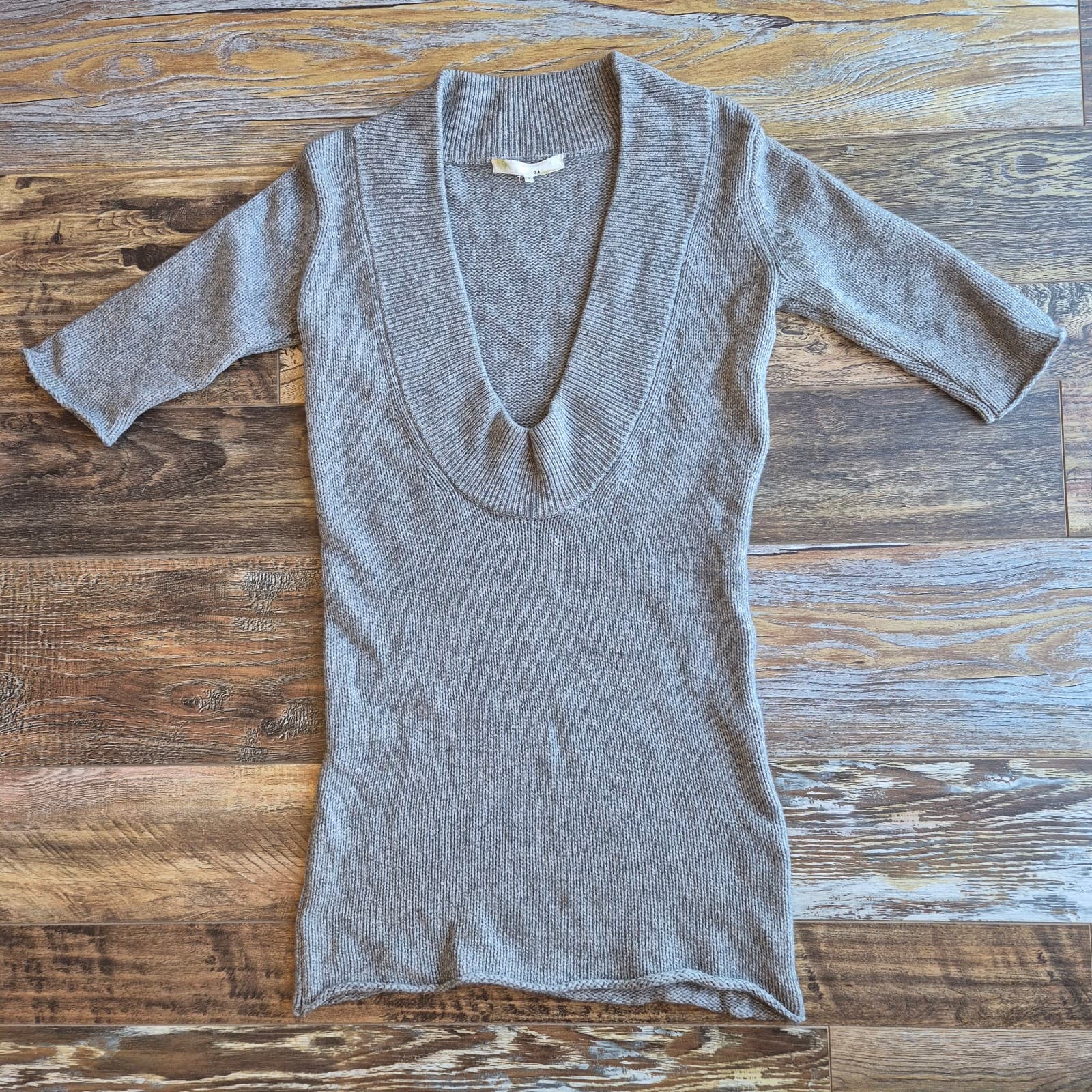3.1 Phillip Lim Cashmere Blend Deep V-Neck Sweater Dress Short Sleeve Grey Sz.S - Thumbnail 2