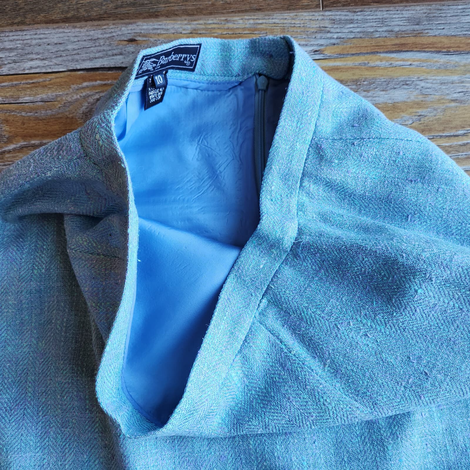 Vintage Burberry Made in USA Silk Linen Pencil Skirt Zip Atomic Fleck Blue Sz.10 - Thumbnail 5
