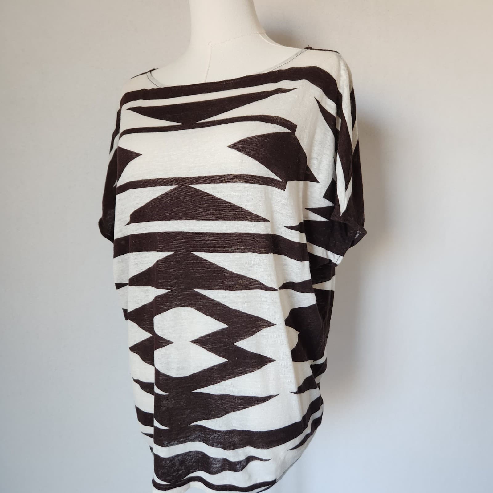 Lauren Ralph Lauren 100% Linen Aztec Blouse Dropshoulder Knit Brown Beige Sz.L - Thumbnail 2