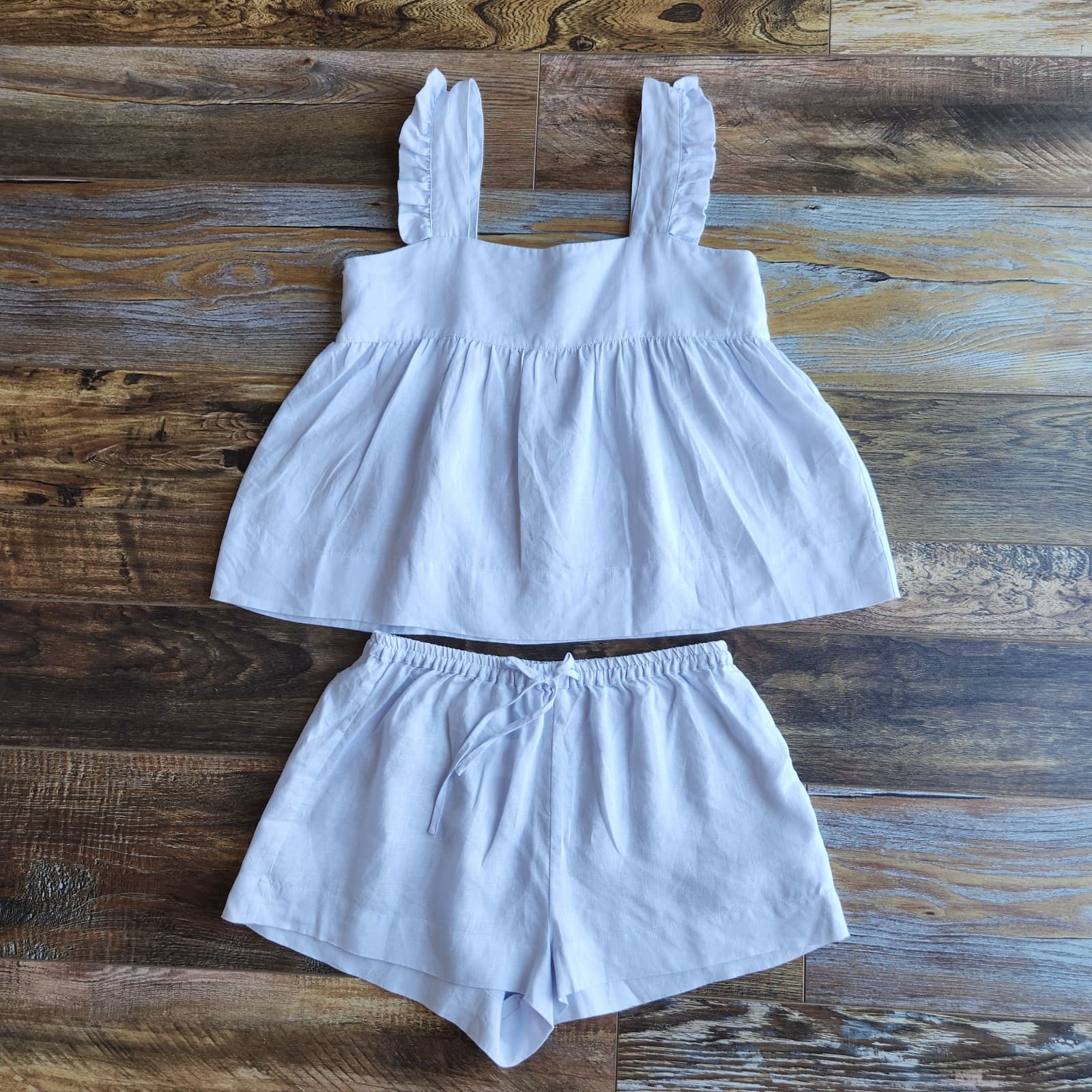 NWoT Homebodii Rebecca Linen Camisole & Shorts Pajama Set In Eggshell Blue Sz.XS - Thumbnail 6