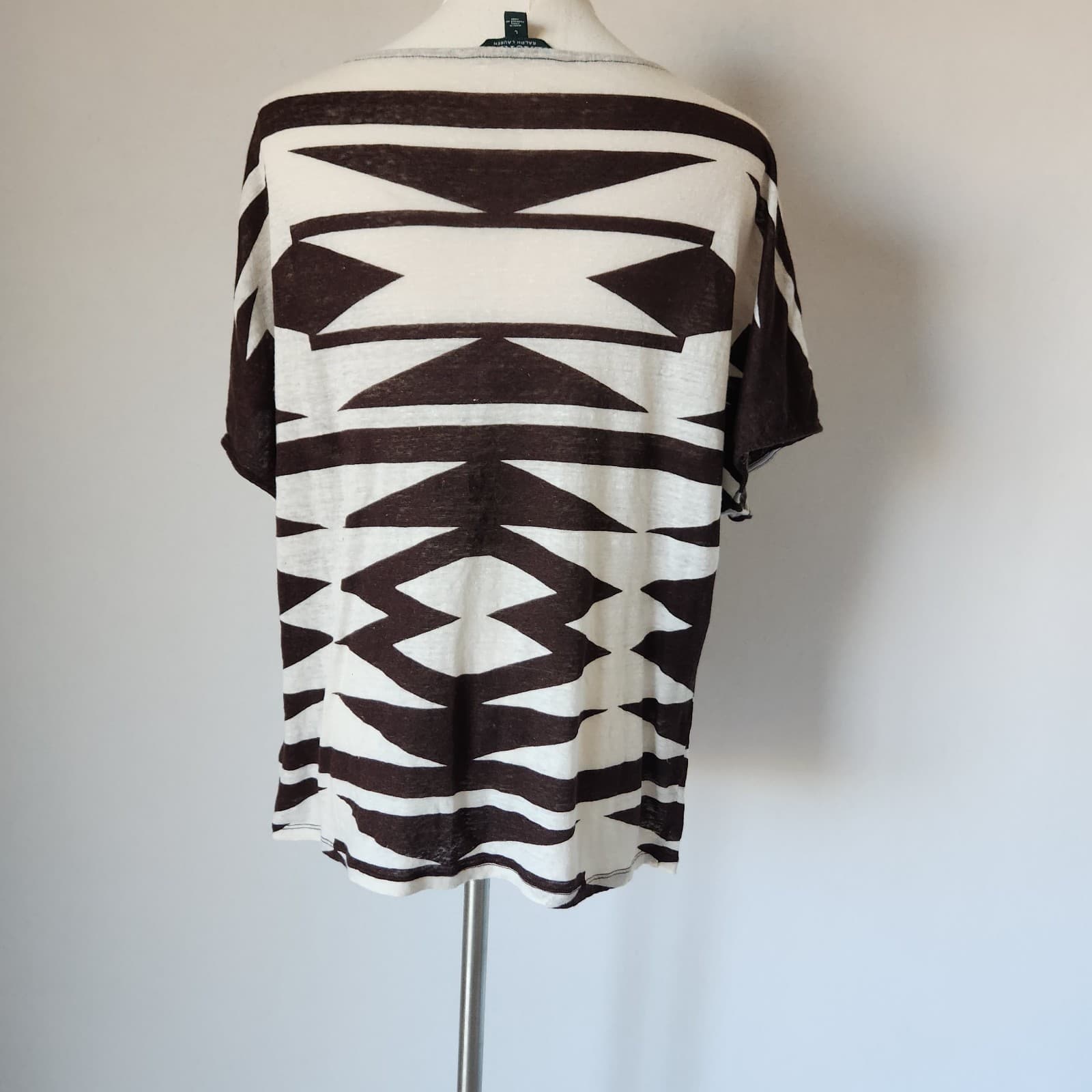 Lauren Ralph Lauren 100% Linen Aztec Blouse Dropshoulder Knit Brown Beige Sz.L - Thumbnail 6