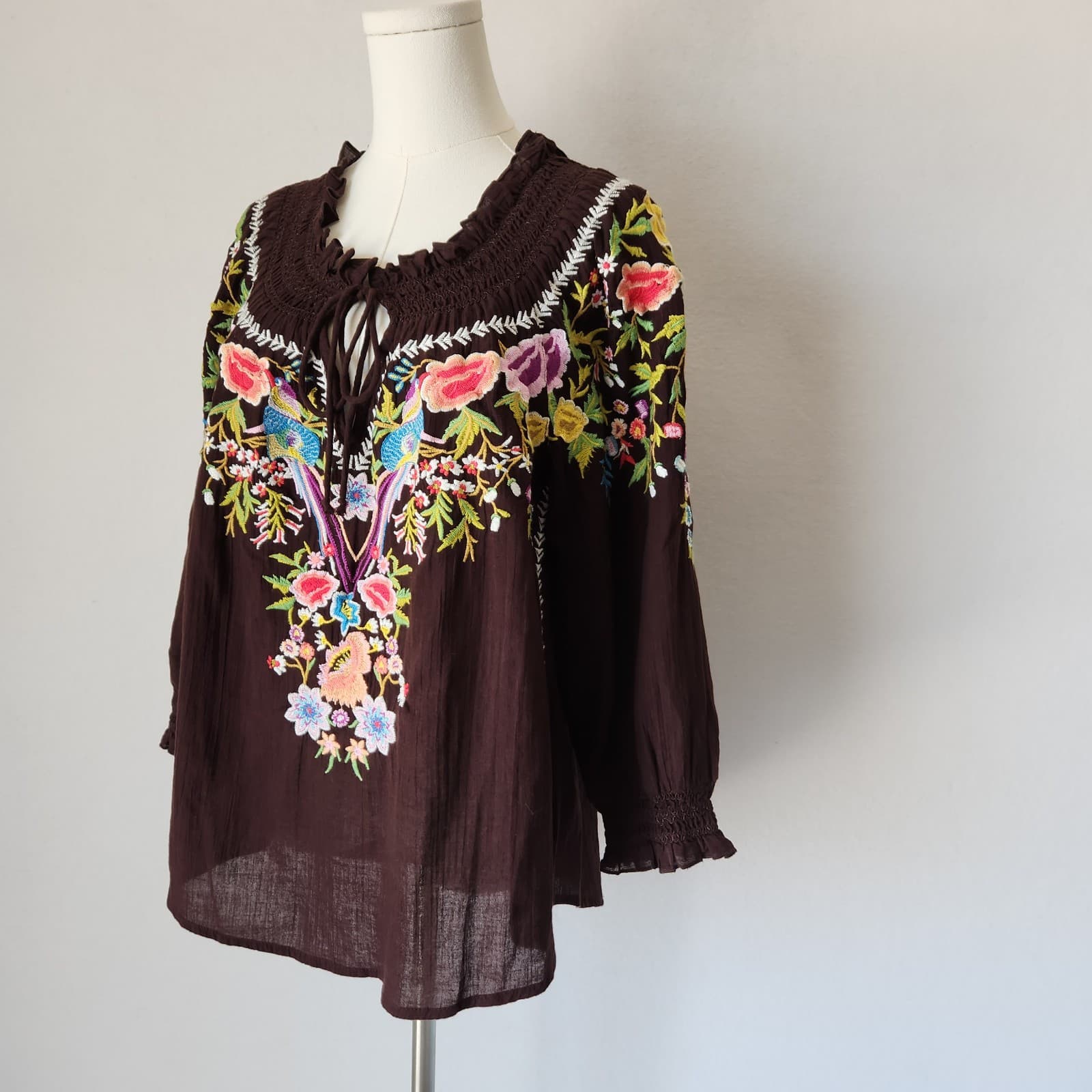 Sundance Amora Blooms Bird Floral Embroidered Boho Top Tassel Cotton Brown Sz.S - Thumbnail 3